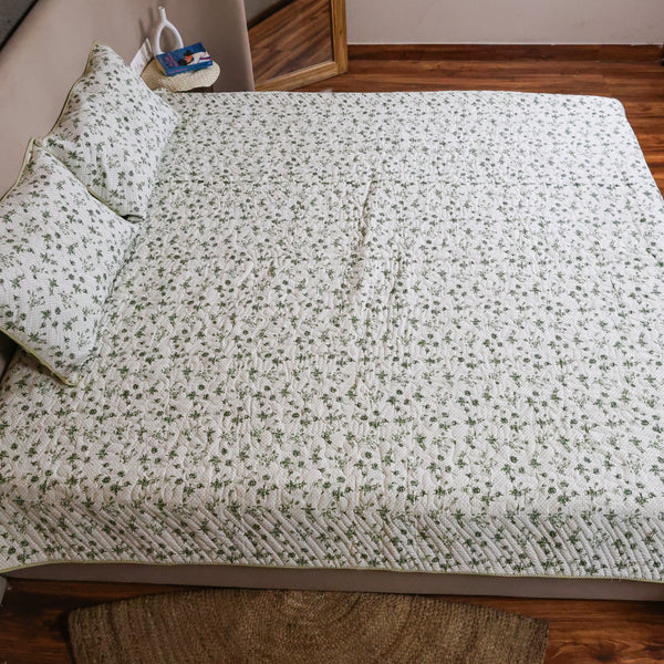 Sage Green Blossom Handcrafted Double Bed Bedcover and Pillow Cover Set