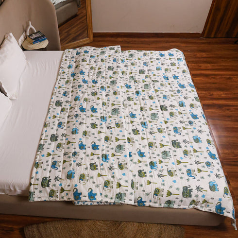 Traditional Elephant Folk Print Double Bed Comforter crafted from premium cotton with intricate elephant folk art motifs, offering warmth, comfort, and timeless bedroom elegance.