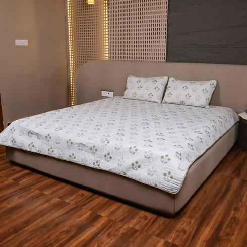 Vintage Olive Green Floral Handcrafted Double Bed Bedcover and Pillow Cover set crafted from premium cotton with elegant floral prints for sophisticated bedroom décor and everyday comfort.