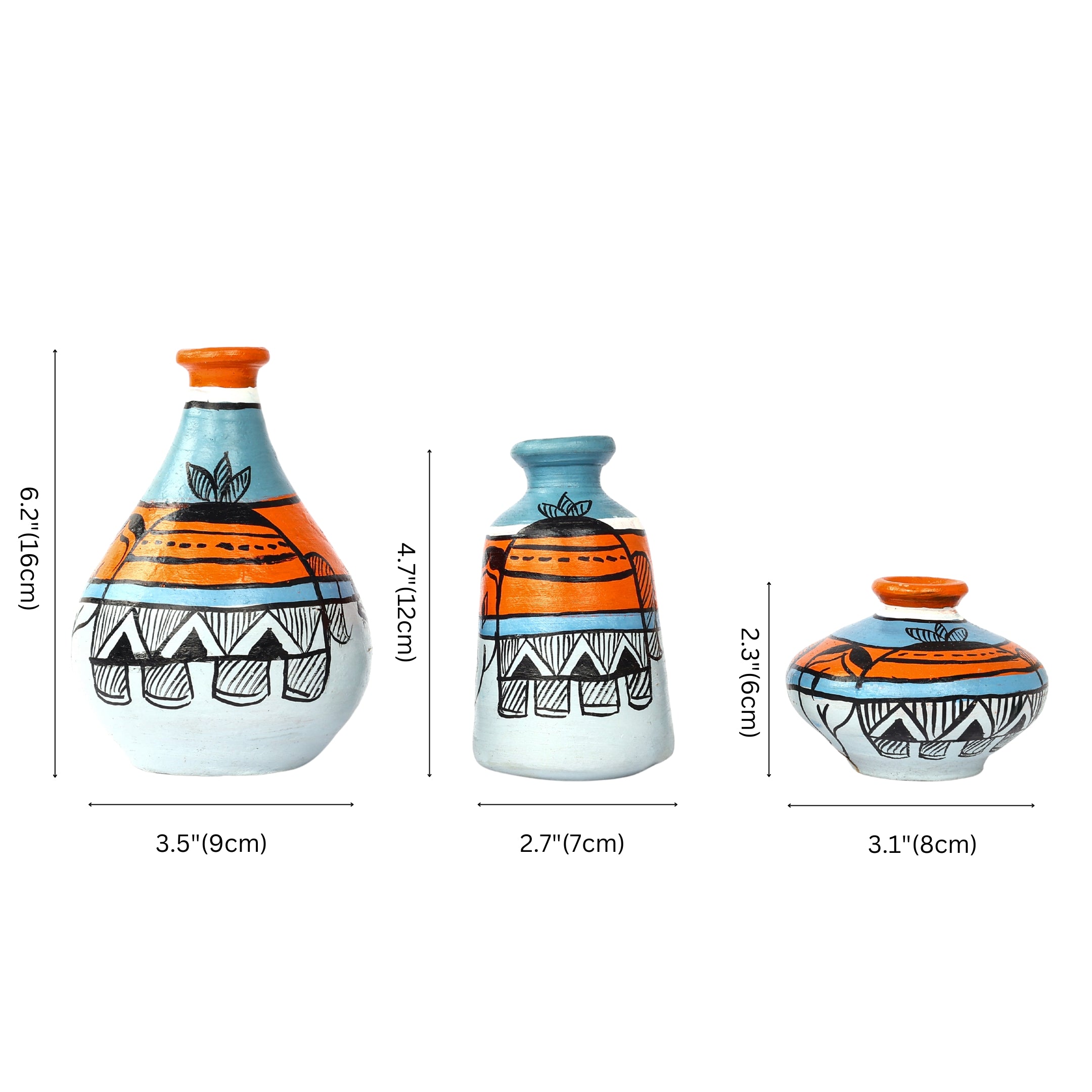 Handcrafted Multicolour Terracotta Pots for Home Decor - Set of 3 - Madhubani Hand Painting