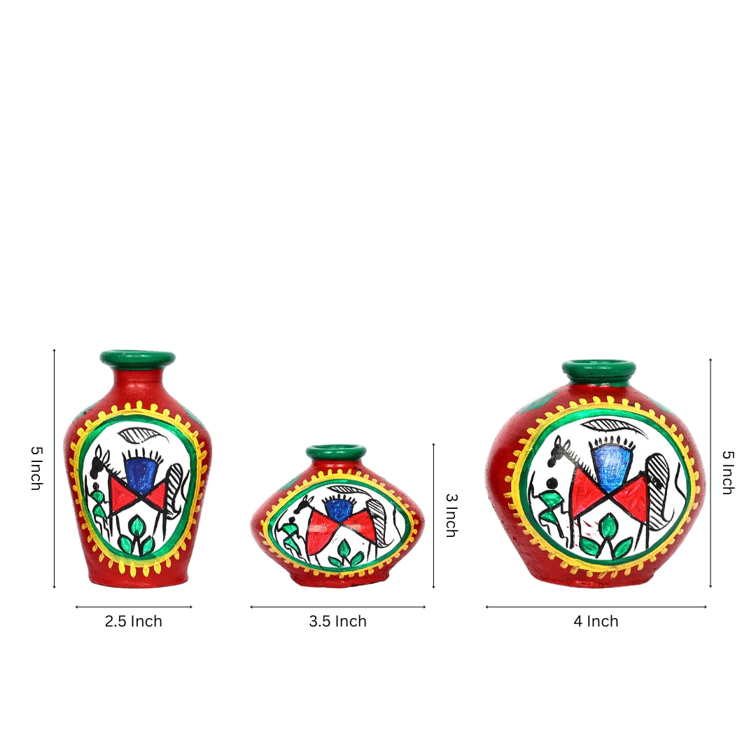 Hand-Painted Tribal Art Terracotta Vase Set (Set of 3)