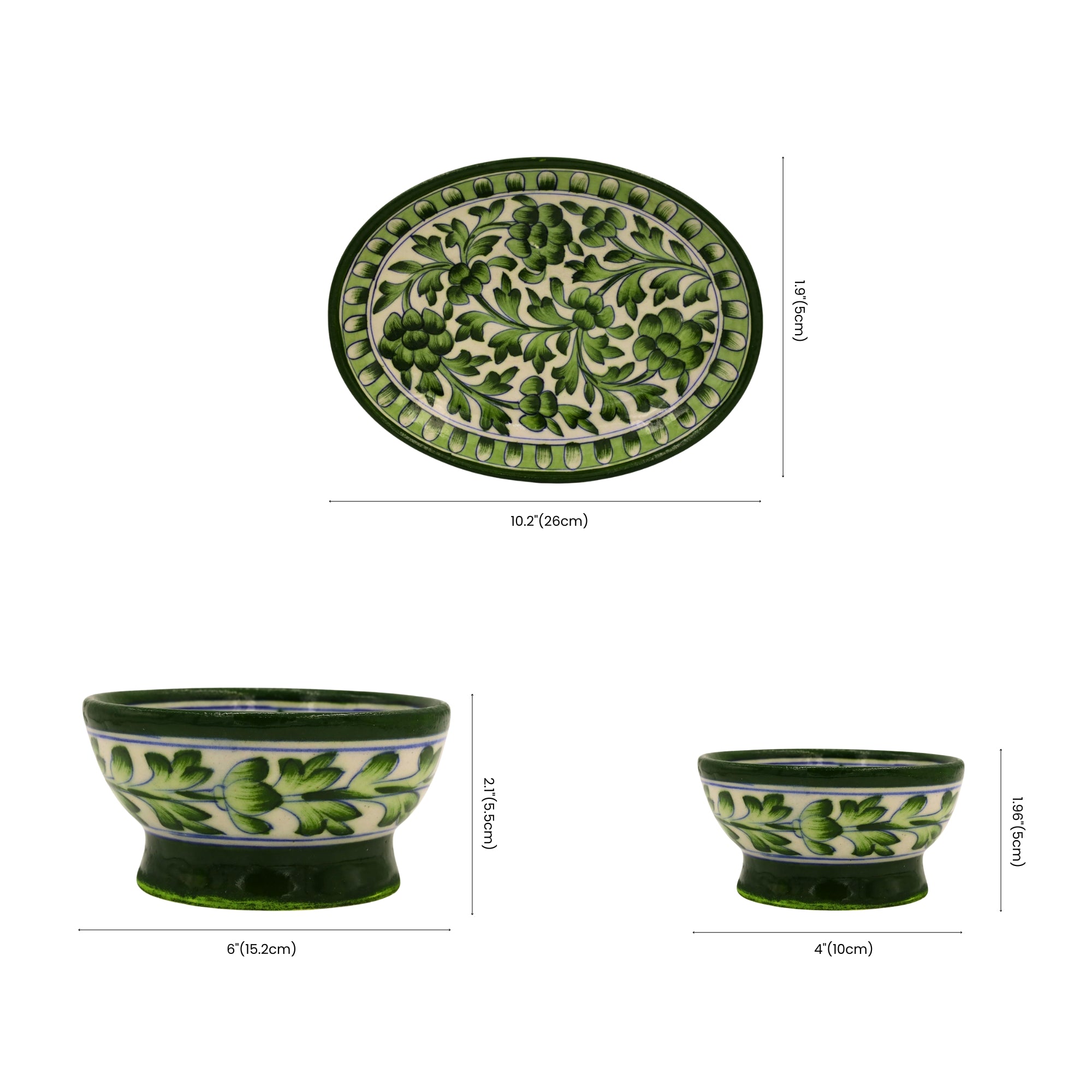 Blue pottery Green Floral Serving Set – Oval Platter & Bowls for Elegant Dining