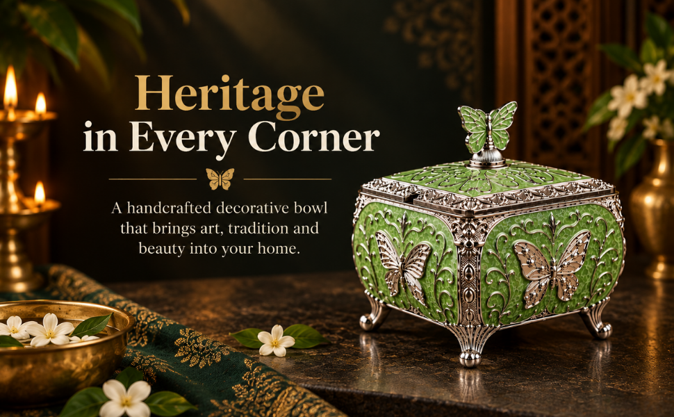 An ornate decorative bowl with a green embossed floral pattern and silver-tone butterfly accents, styled on a dark tabletop with candles, flowers, and decorative textiles. Text on the left reads 'Heritage in Every Corner' with descriptive copy.