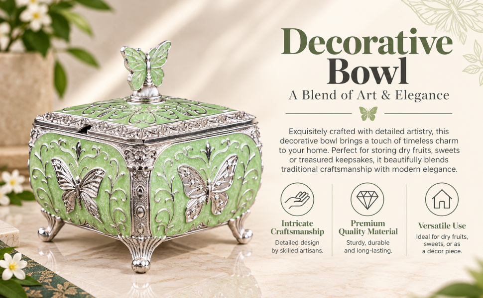 Decorative square bowl with a lid, featuring light green enamel panels, silver-tone metal borders, and butterfly motifs, shown on a warm beige background with promotional text and icons.