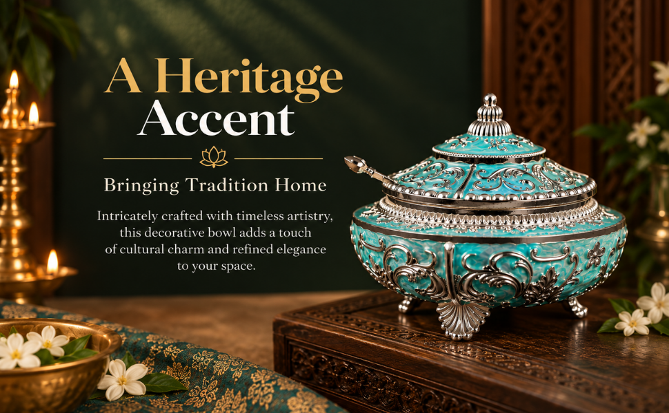 An ornate turquoise and silver decorative bowl with a matching lid, styled on a carved wooden table with warm ambient lighting and text reading 'A Heritage Accent' on a dark green background.