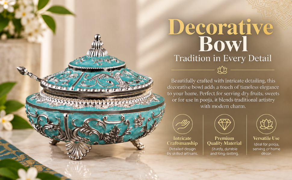 An ornate decorative turquoise and silver bowl with a matching lid, shown on a marble surface with a soft beige background and promotional text on the right. The bowl features intricate silver filigree and turquoise enamel detailing.