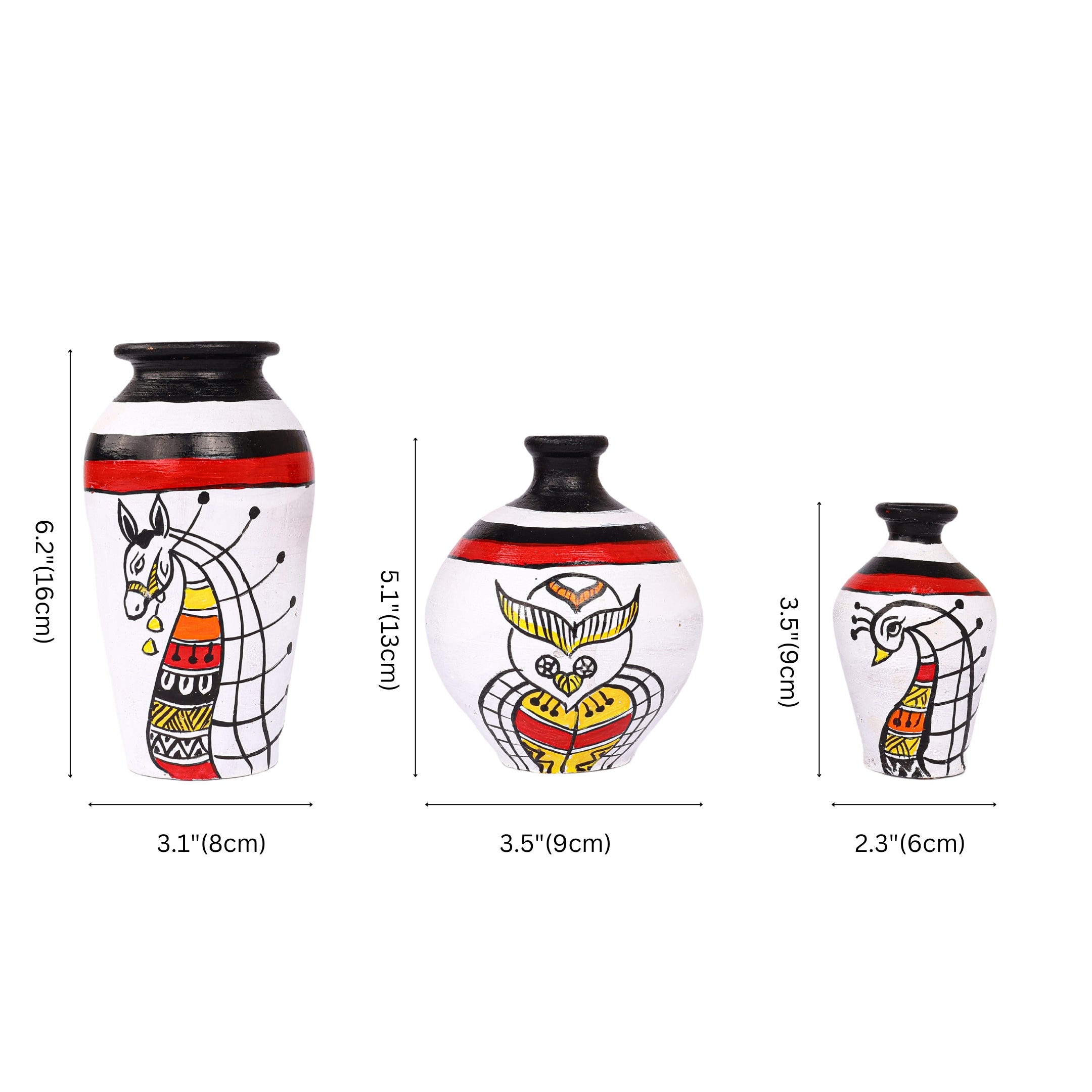 Handcrafted Black and White Terracotta Pots for Home Decor - Set of 3 - Madhubani Hand Painting