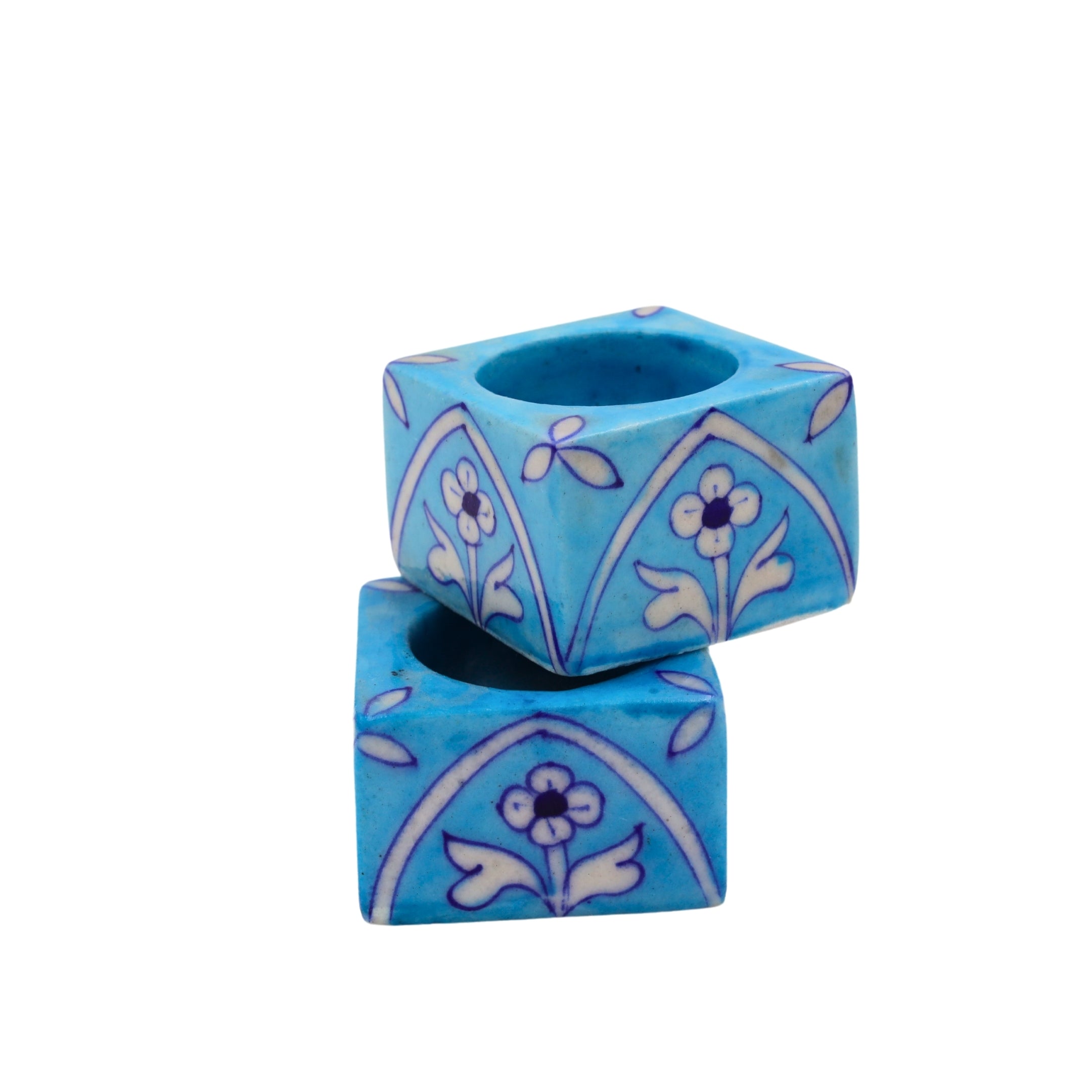 Set of 2 Blue Pottery T-Light Candles Holders