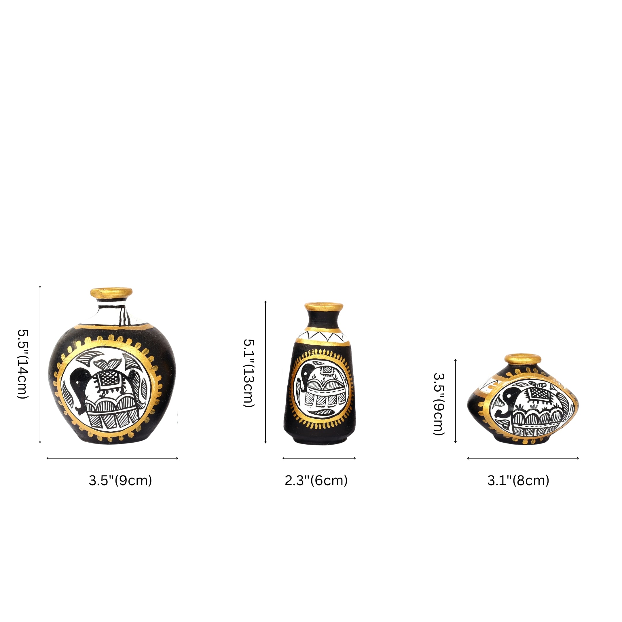 Handcrafted Black Terracotta Pots for Home Decor - Set of 3 - Madhubani Hand Painting