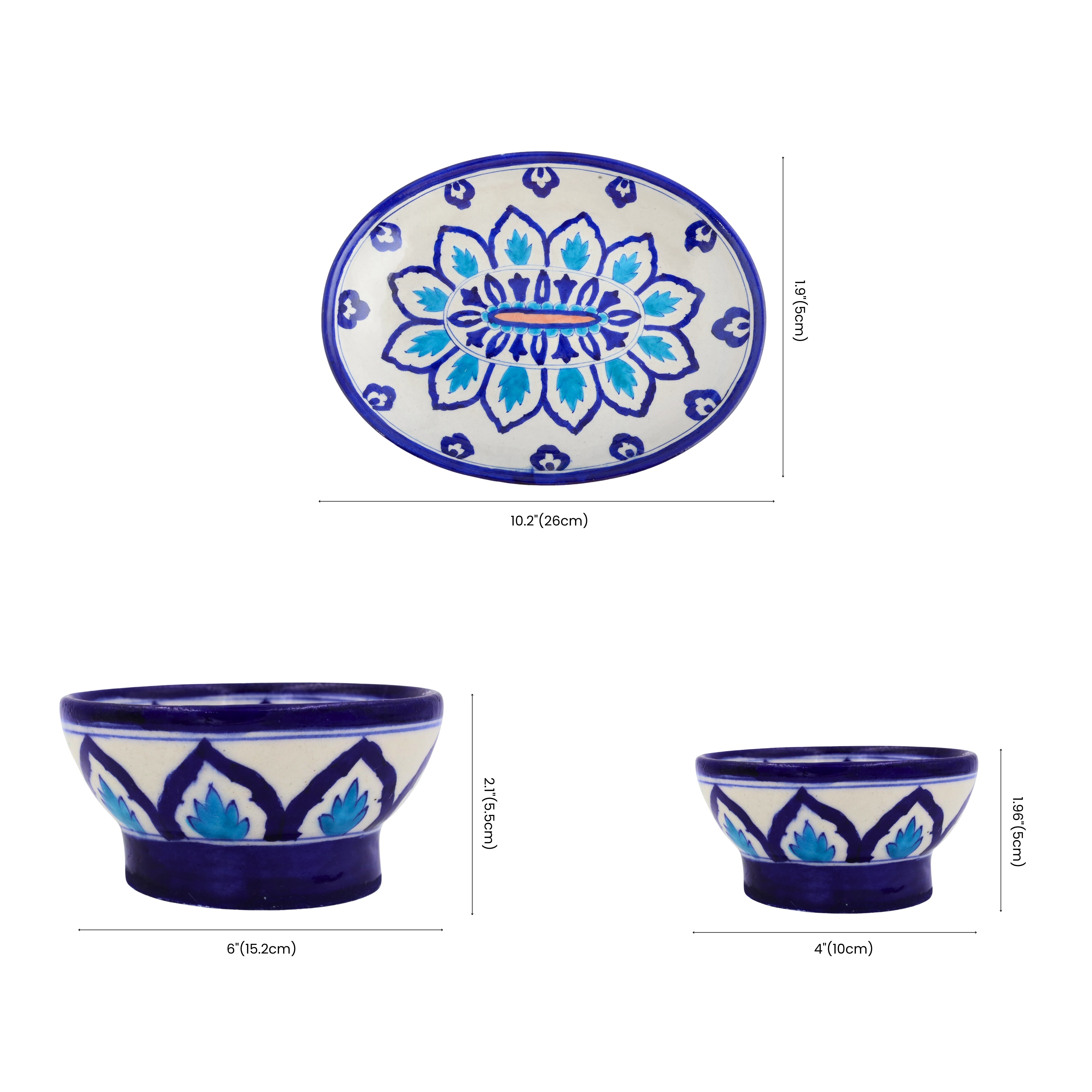 Handcrafted Jaipur Blue Pottery Serving Set – Floral patterns  (5-Piece Set)