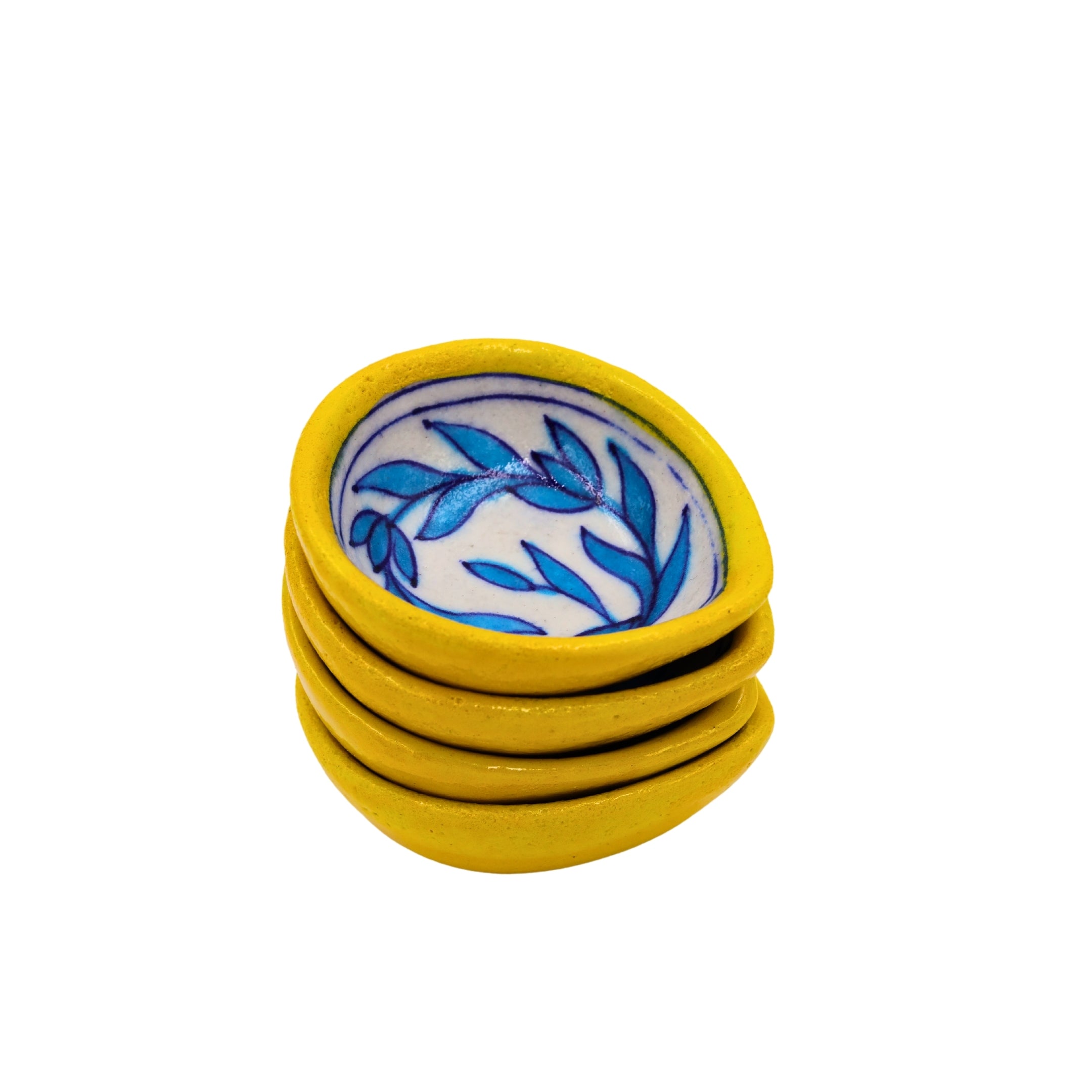 Set of 4 Blue Pottery Yellow and White color diyas