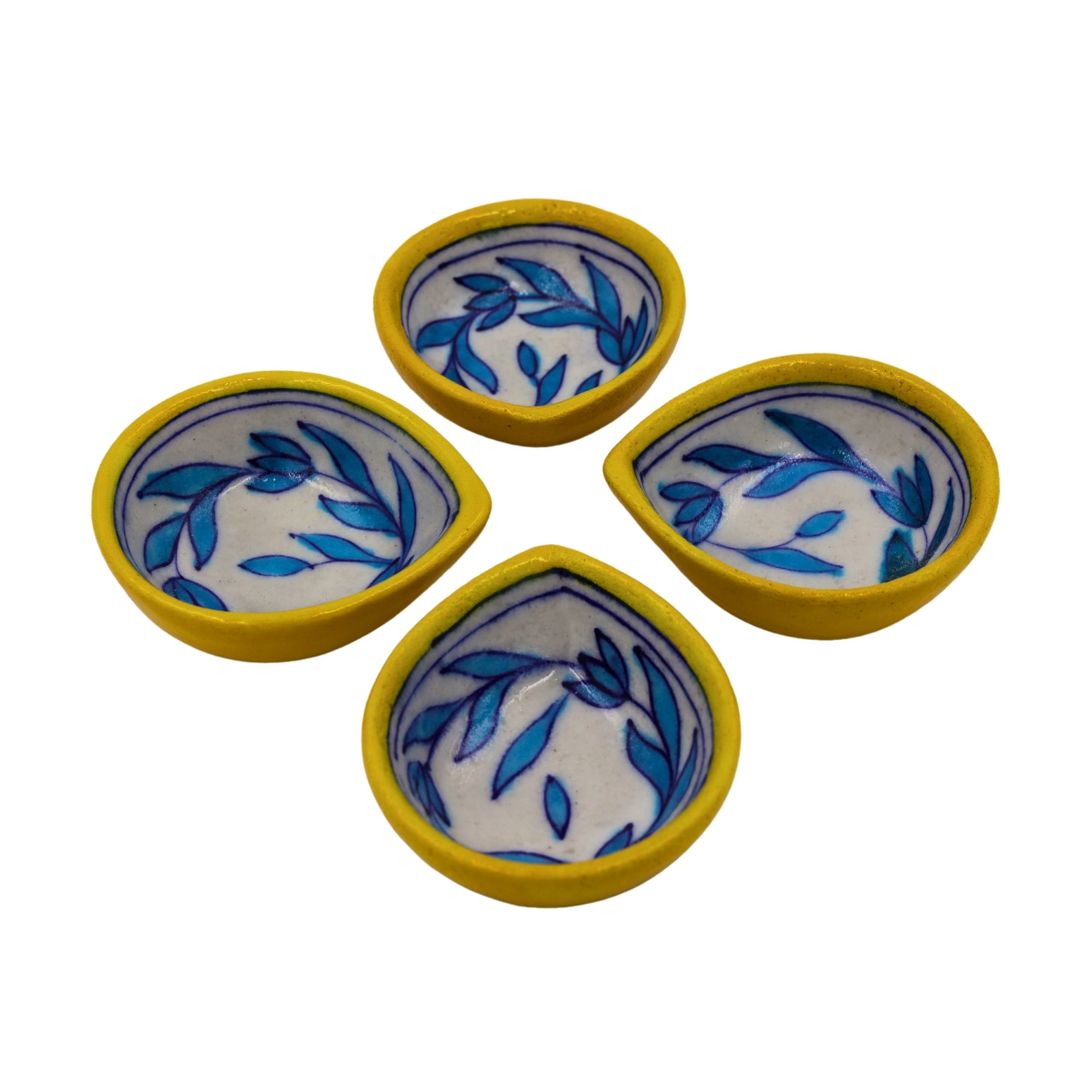 Set of 4 Blue Pottery Yellow and White color diyas