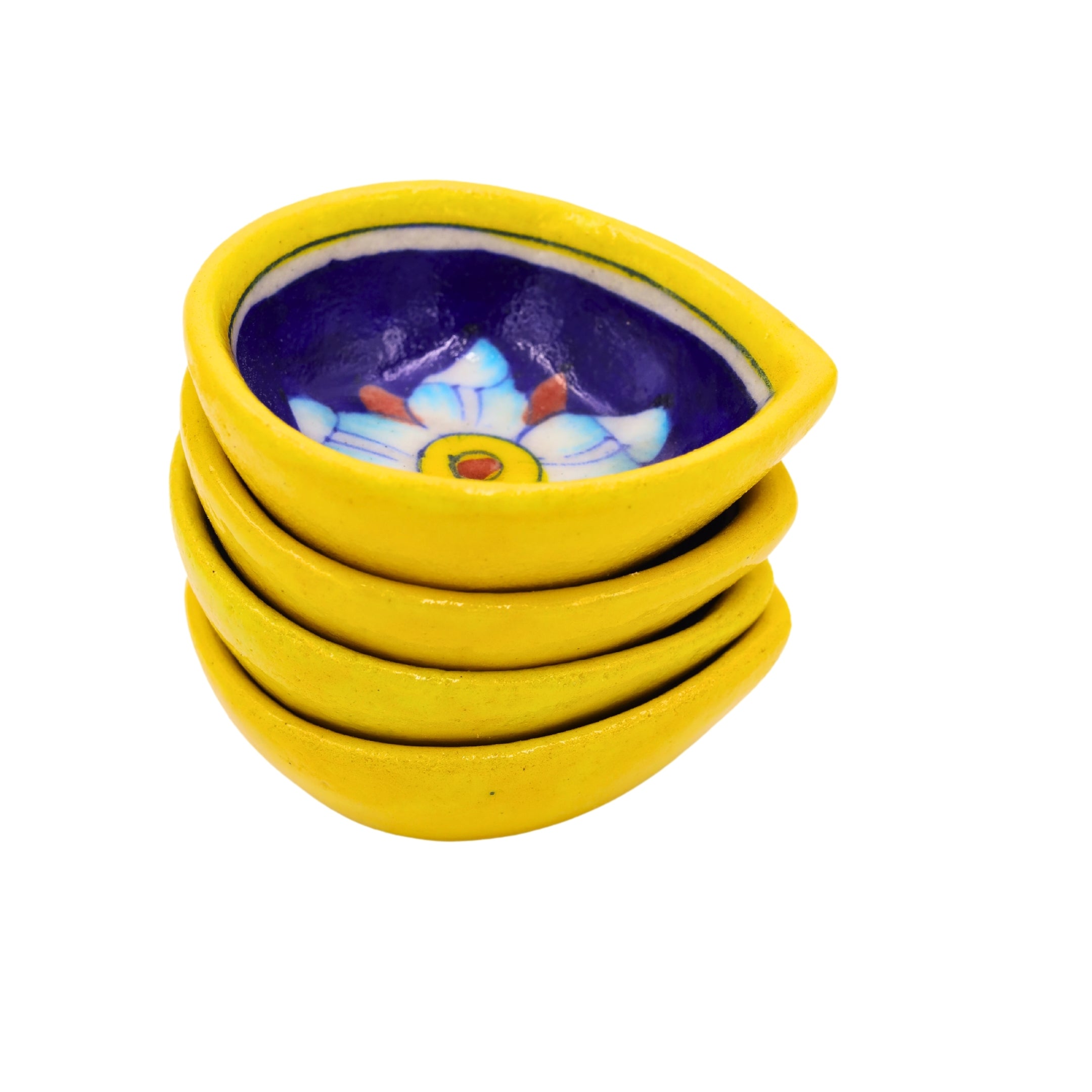 Set of 4 Blue Pottery Yellow and Royal Blue color diyas