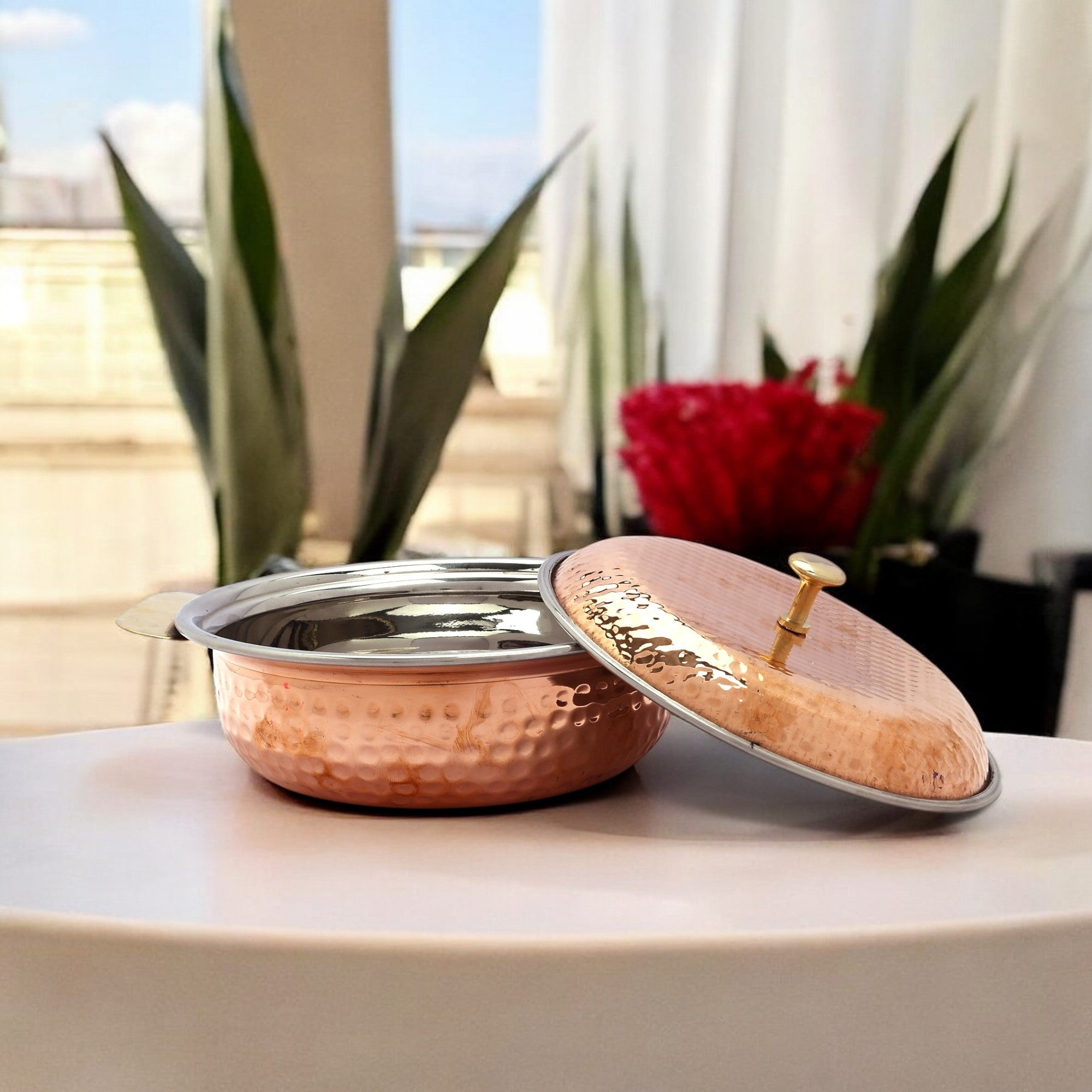 Artisanal Hammered Copper Serving Dish with Brass-Knobbed Lid | Traditional Tableware