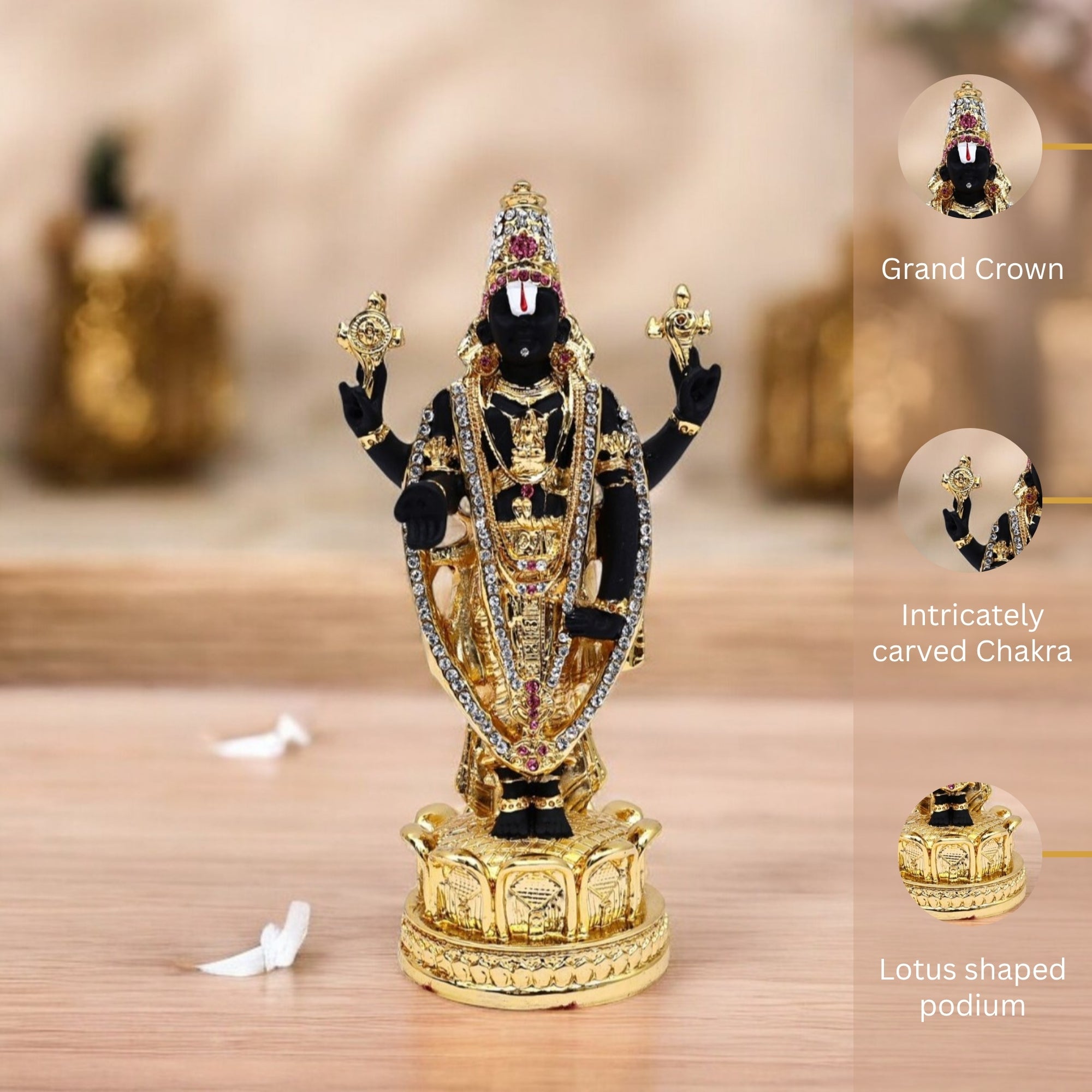 Decorative statue with intricate details on a wooden surface