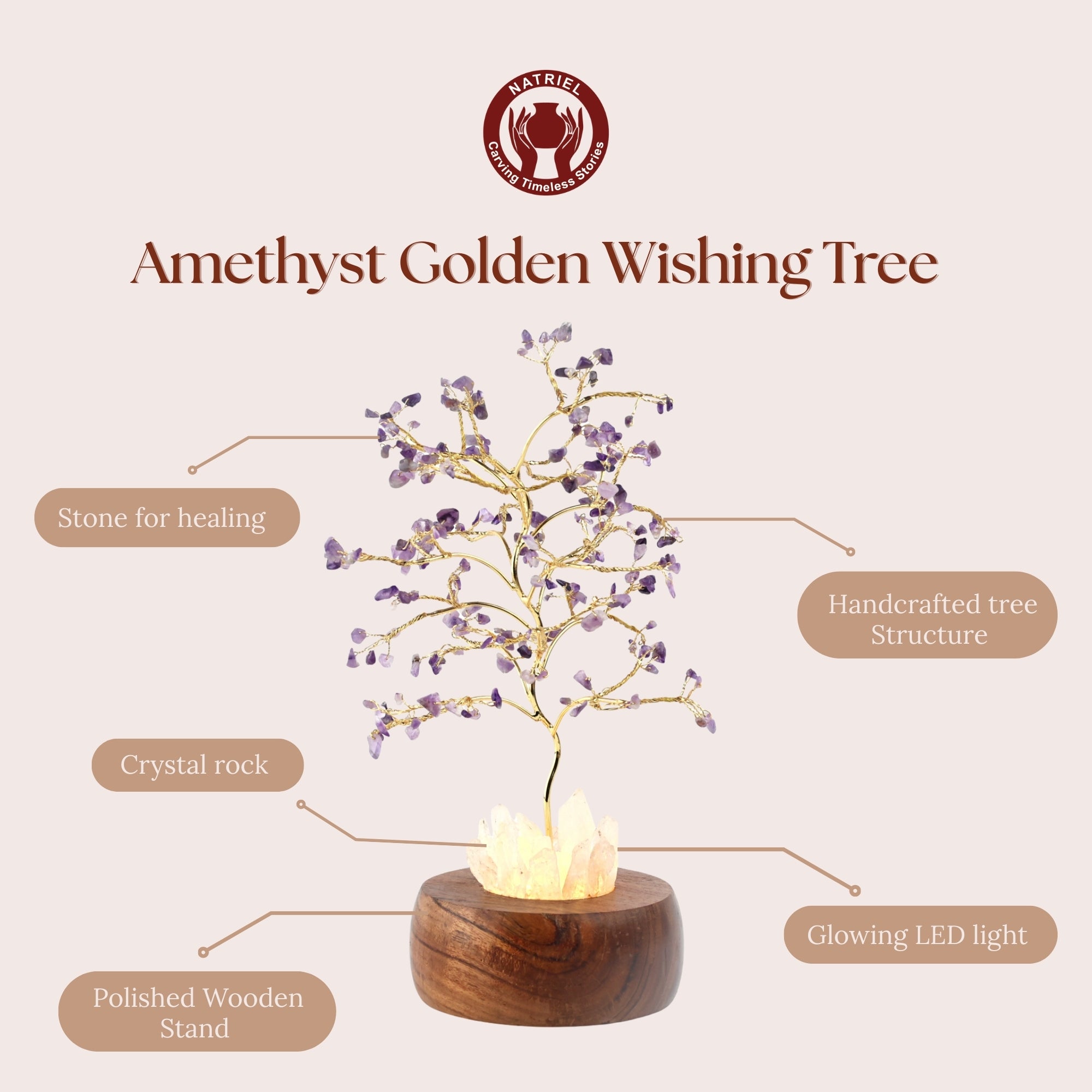 Amethyst Handcrafted Wish Tree Lamp 11.6 inch– Golden plated branches