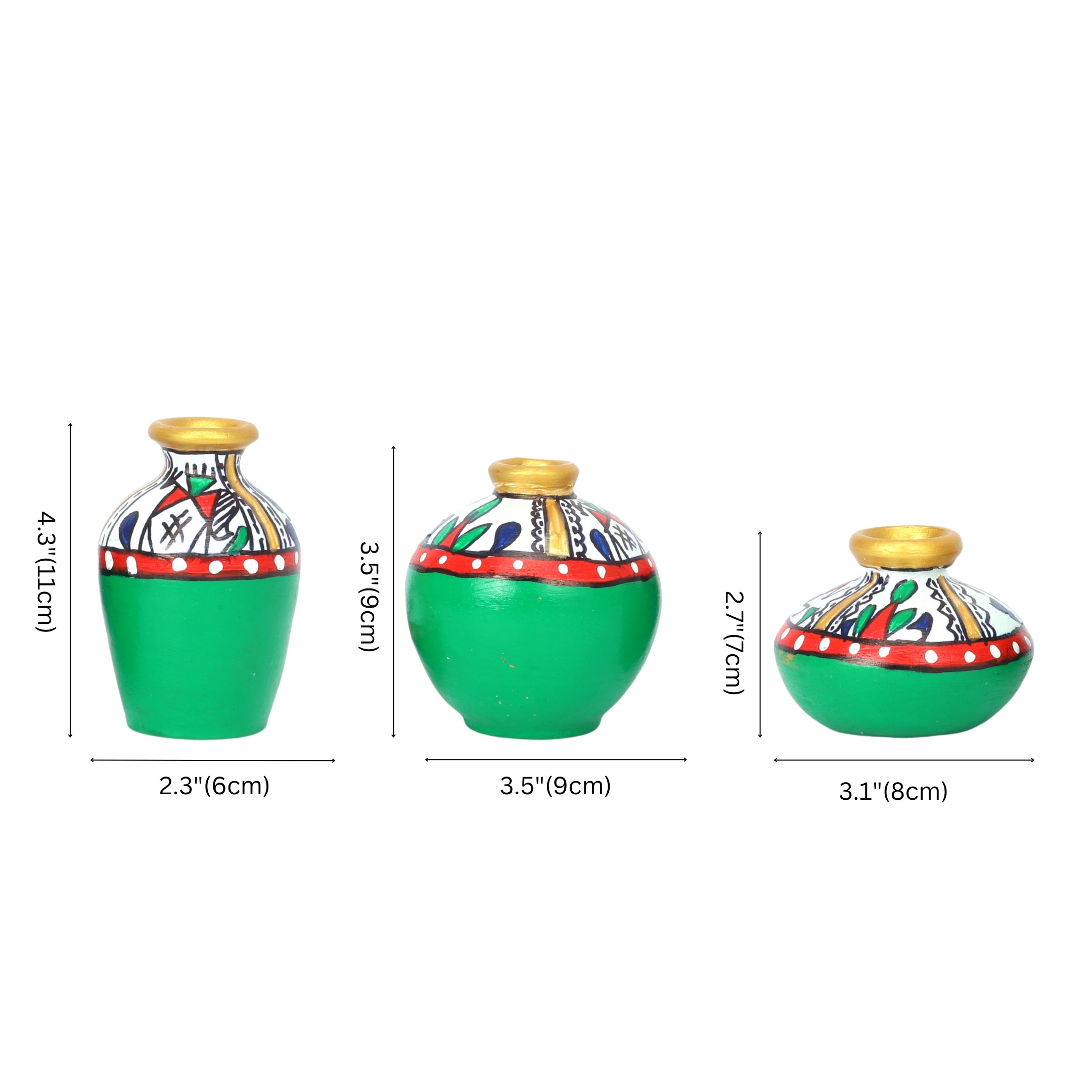 Handcrafted Green Terracotta Pots for Home Decor - Set of 3 - Warli Hand Painting