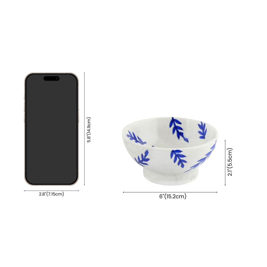 Handcrafted White and Blue Round Blue Pottery Bowls—Set of 2—Leafy Patterns—6”