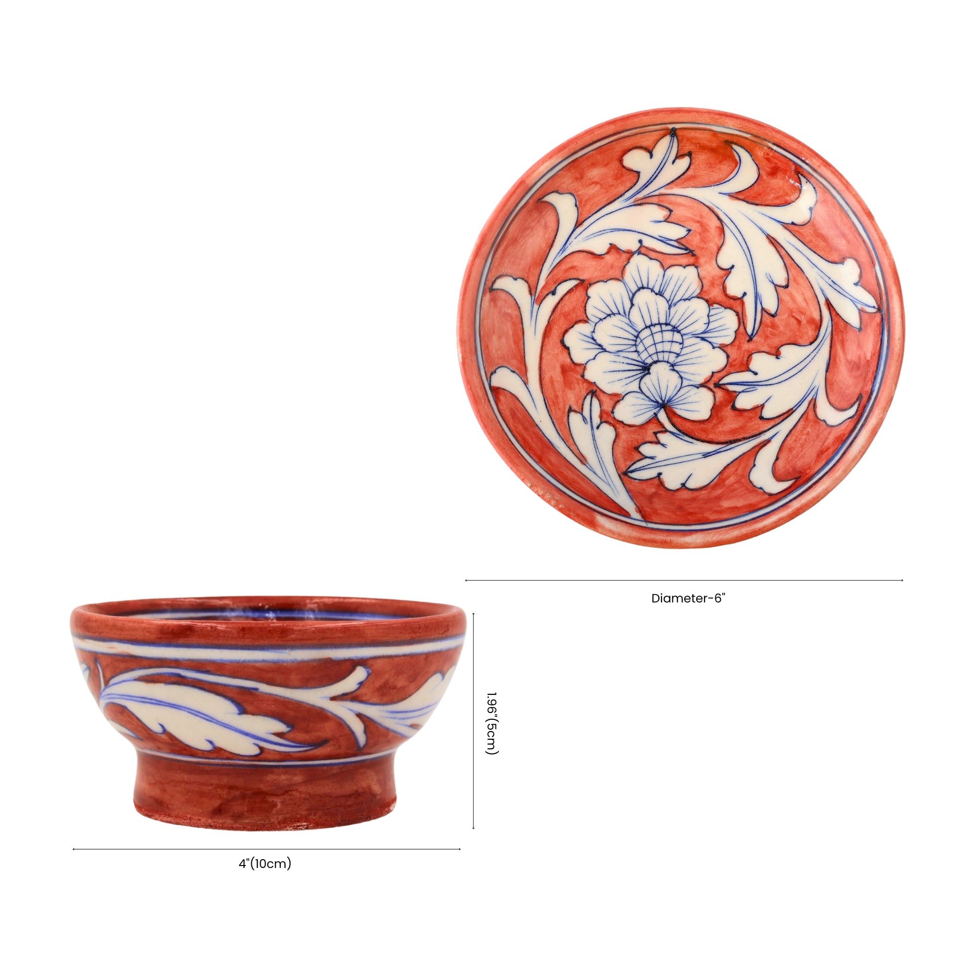 Set of 2 Jaipur Blue Pottery Bowls – Handcrafted Red Floral Decorative Bowls (6