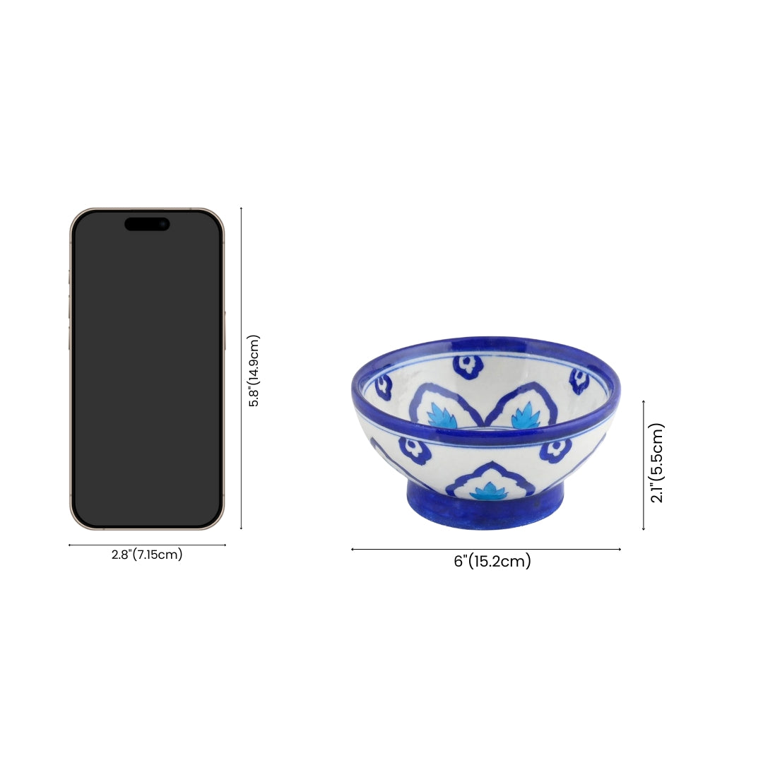 Handcrafted Round Blue Pottery Bowls—Set of 2—Floral Pattern—6”