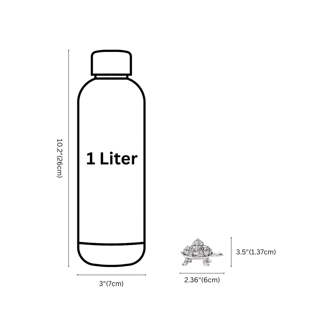 Measurement chart of a 1-liter water bottle with dimensions on a white background
