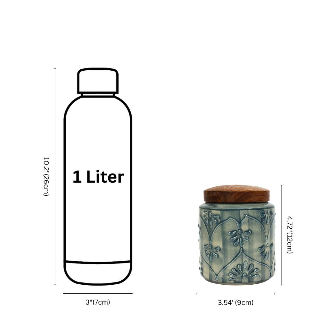 Measurement chart comparing a 1-liter bottle and a decorative jar with dimensions labeled.