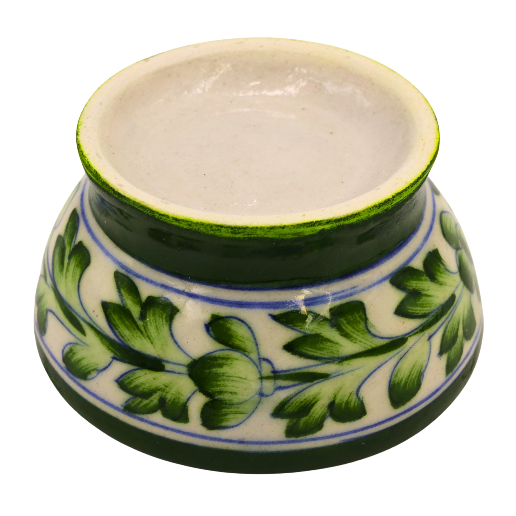 Blue Pottery Round Bowl - White and Green