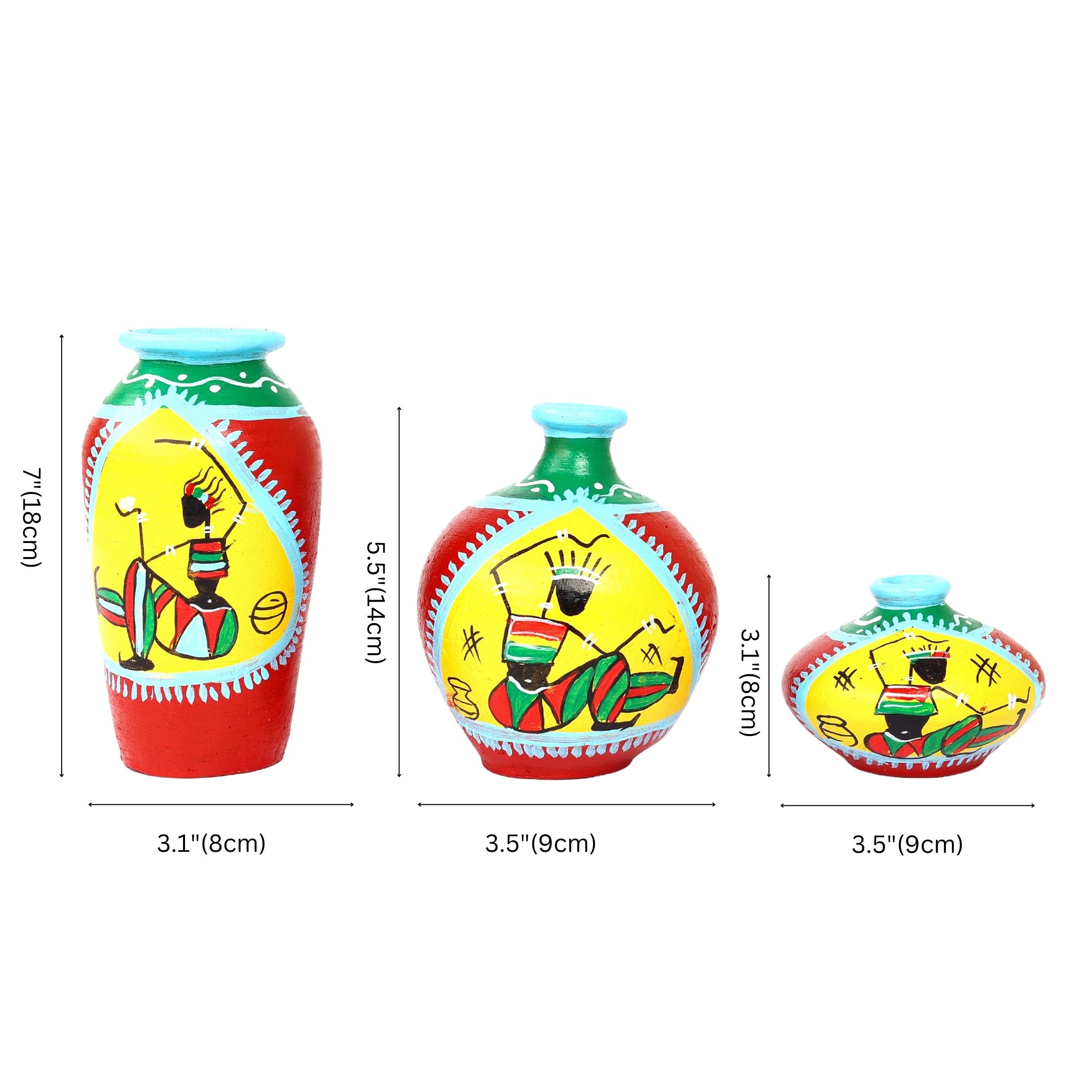 Handcrafted Red and Yellow Terracotta Pots for Home Decor - Set of 3 - Warli Hand Painting