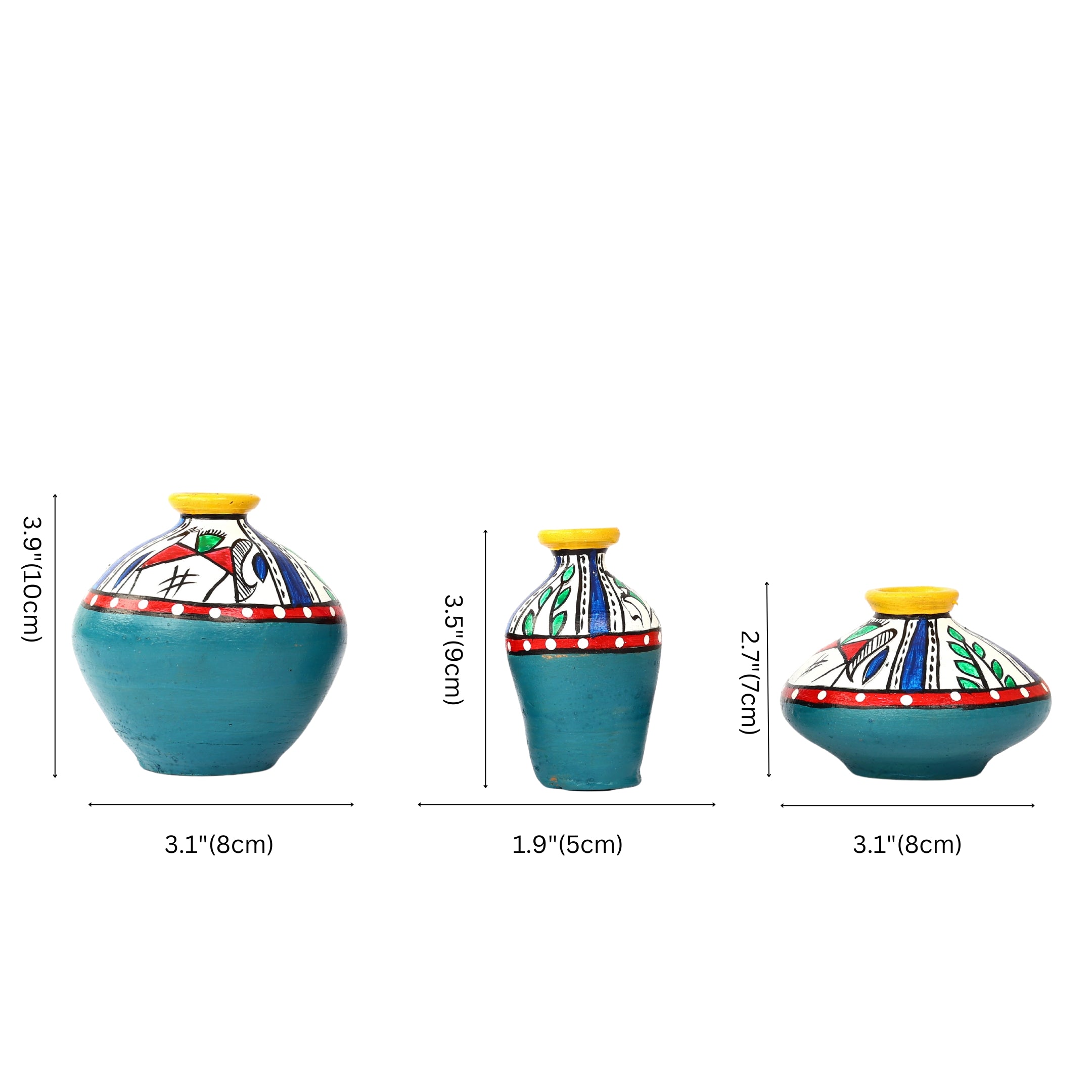 Handcrafted Teal Green Terracotta Pots for Home Decor - Set of 3 - Warli Hand Painting