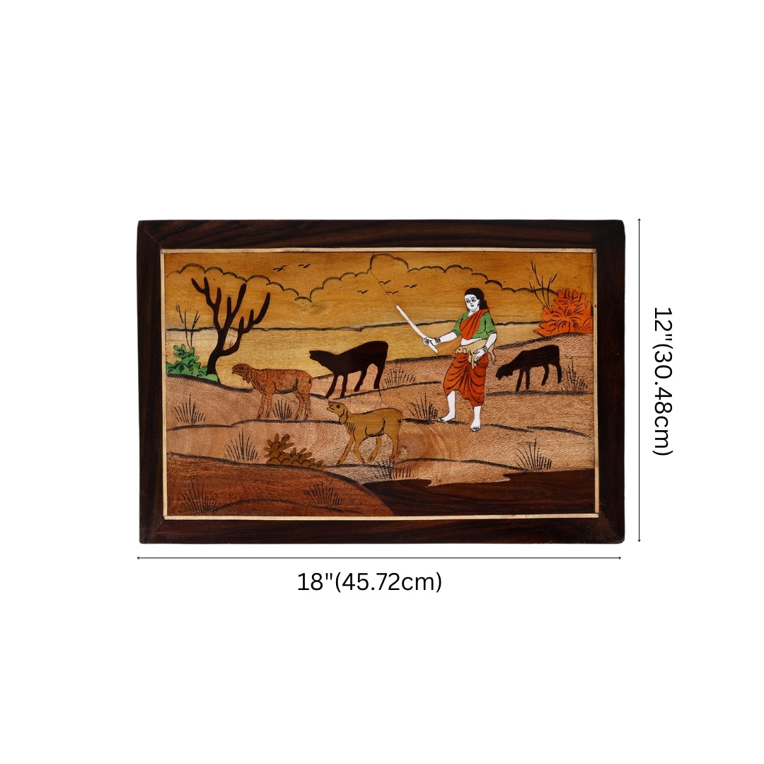 Mysore Inlay Rosewood Painting of a Lady with Goats