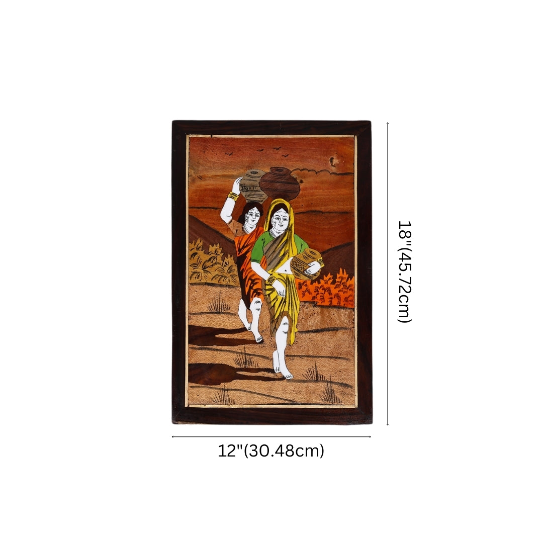 Wooden Mysore Inlay Painting of Rural Women Carrying Pots
