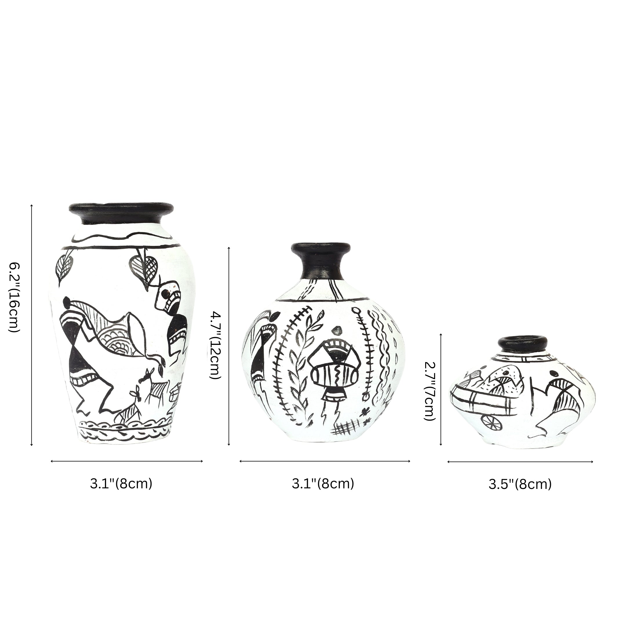 Handcrafted Black and White Terracotta Pots for Home Decor - Set of 3 - Warli Hand Painting