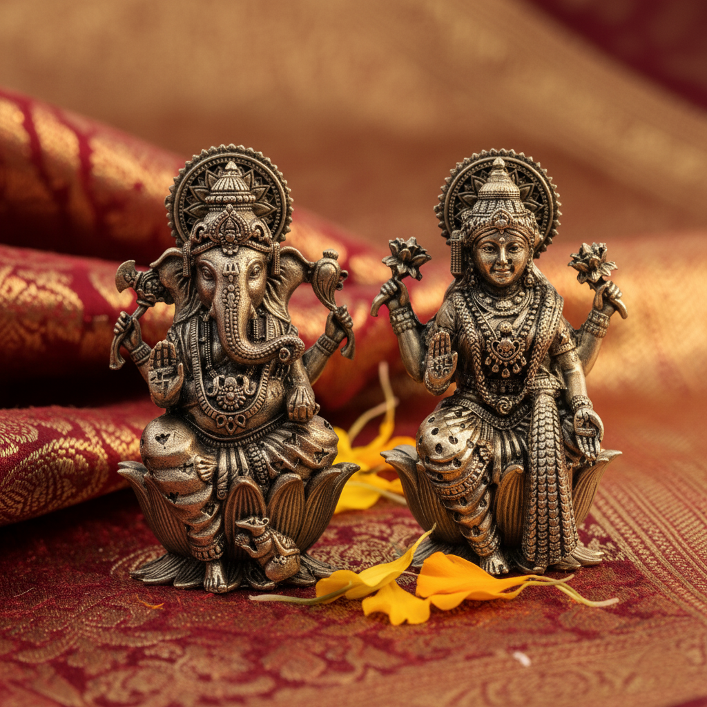 Antique Brass Ganesh and Lakshmi Idol (Pair) - Perfect for Home Temple