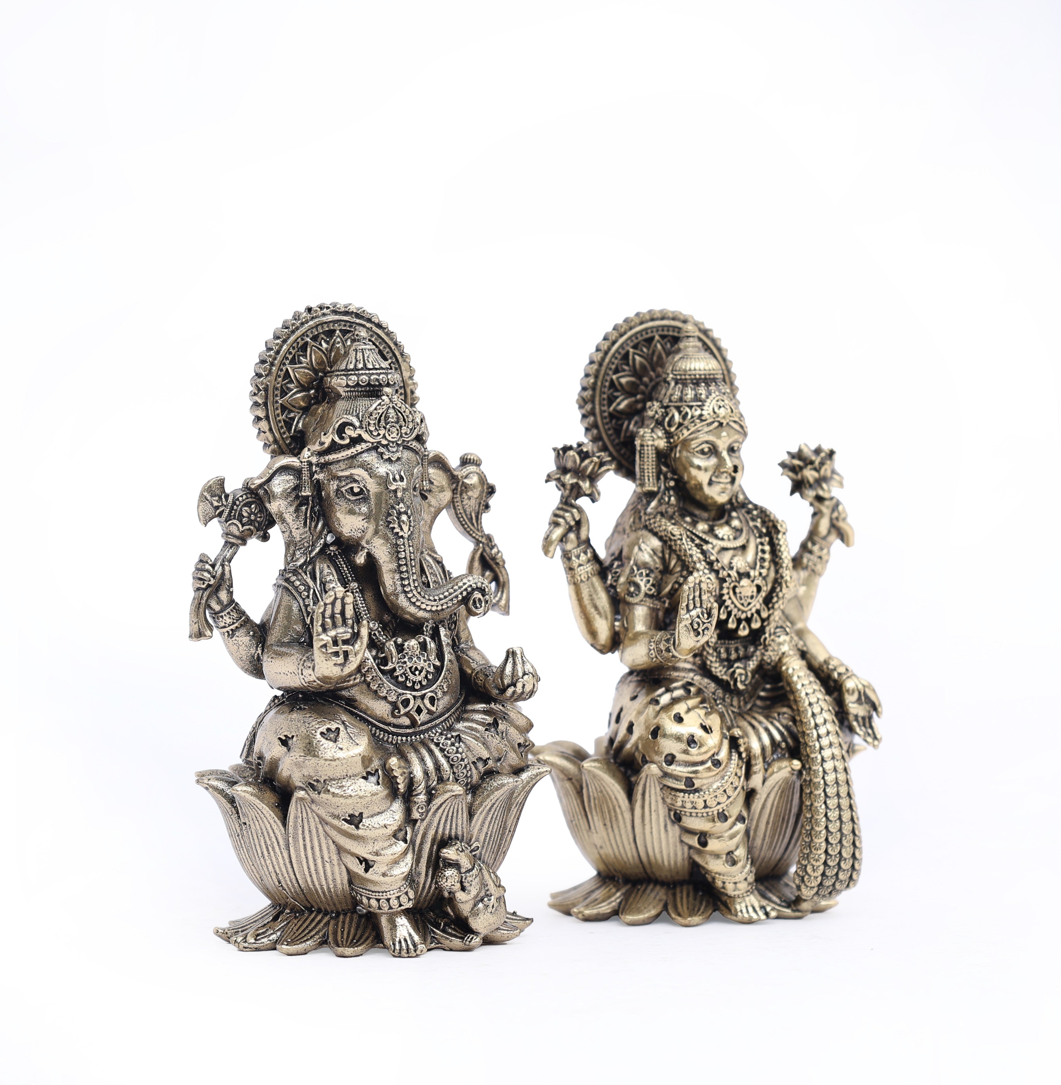 Antique Brass Ganesh and Lakshmi Idol (Pair) - Perfect for Home Temple