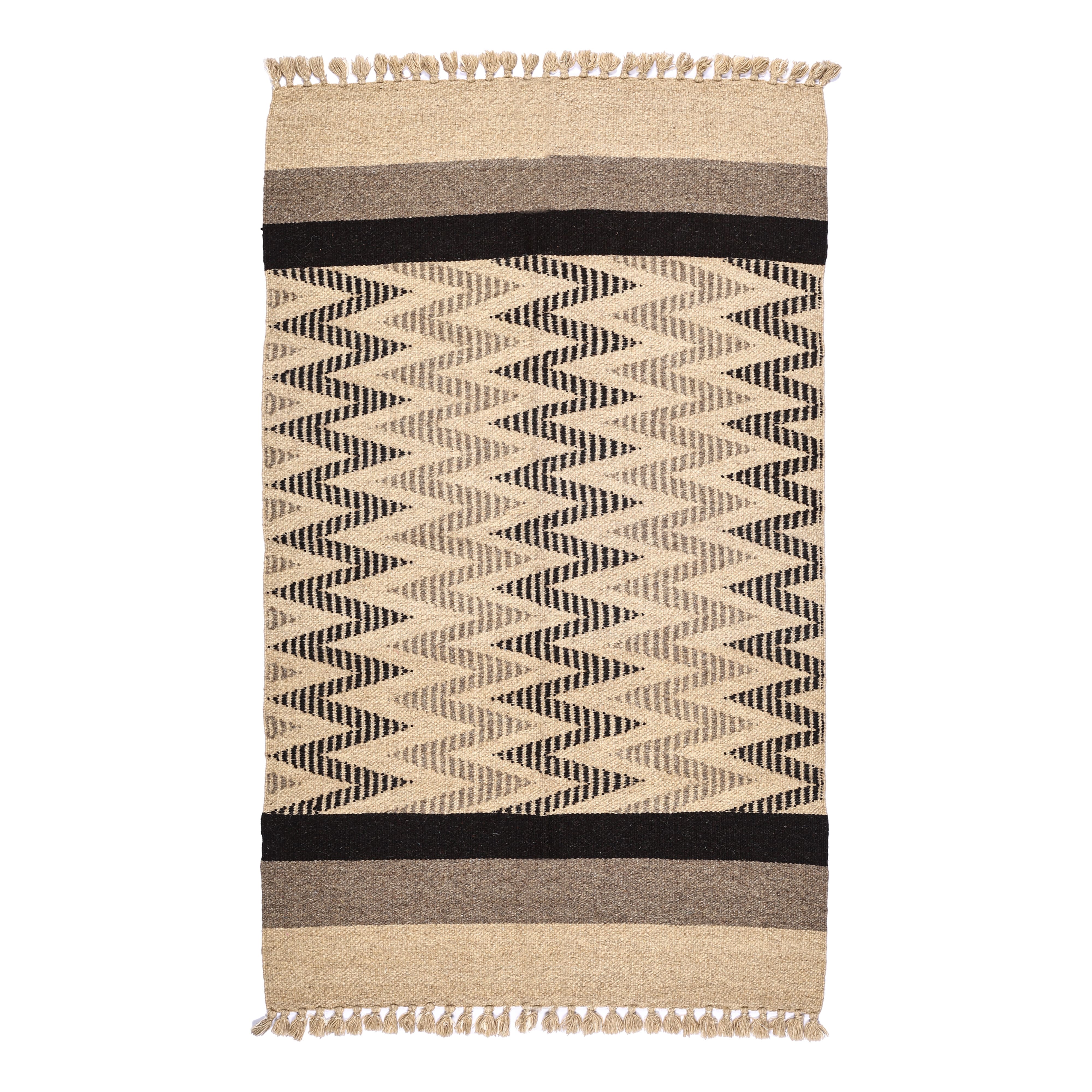Beige and Black Handwoven Jawaja Durrie - Zig-Zag Pattern