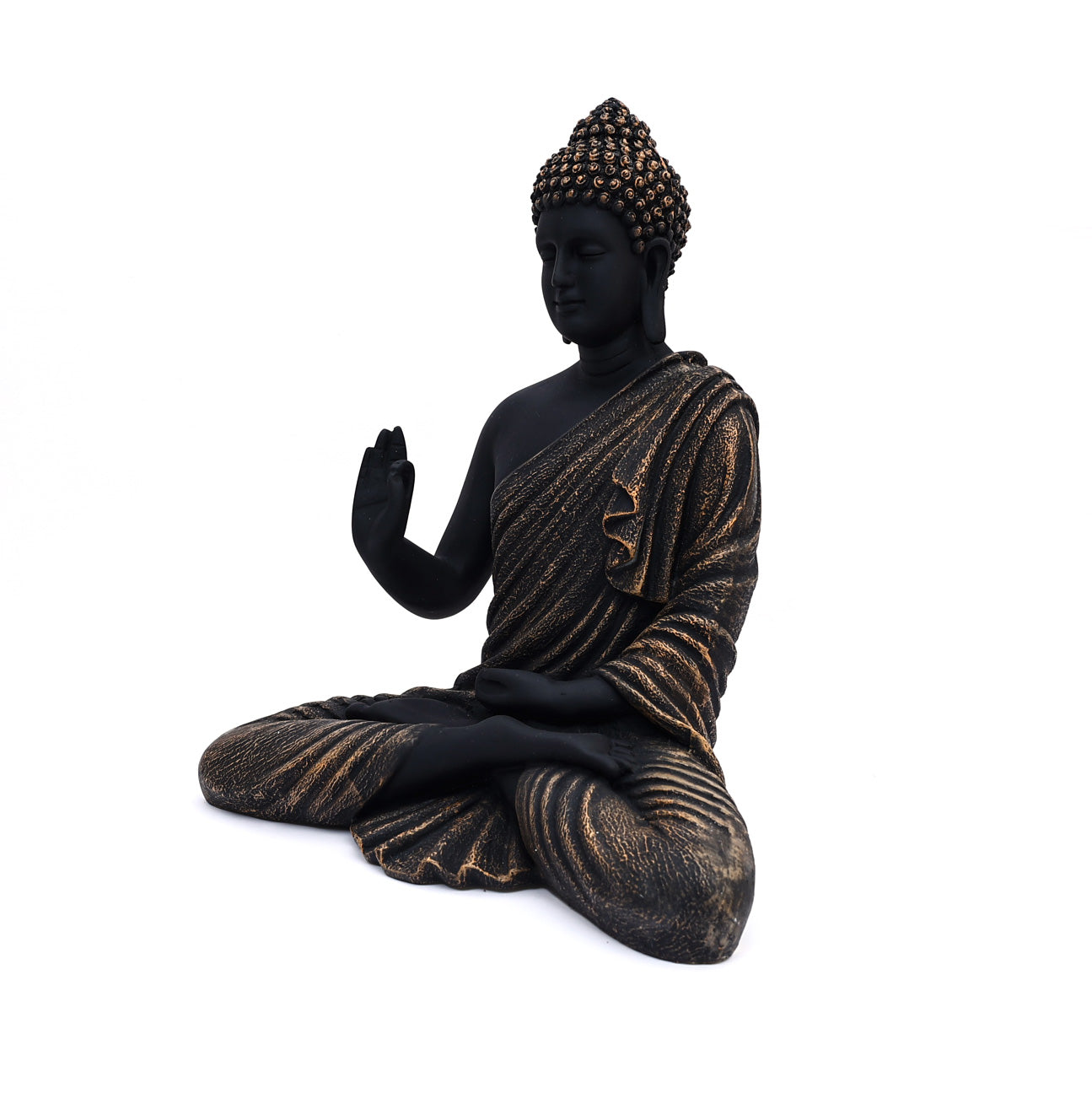Black Matte finish Blessing Buddha in Brown shade drapery