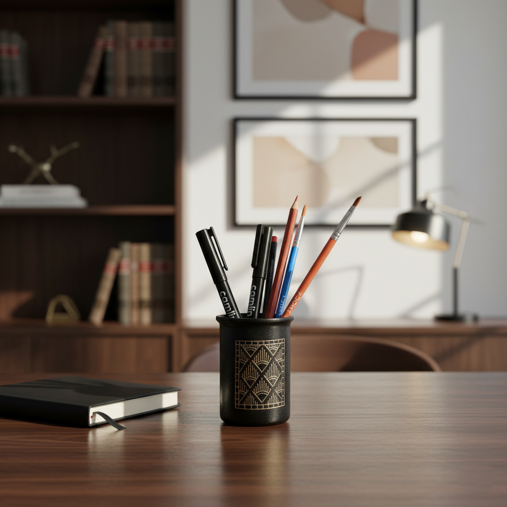 Black Pen Stand - Bidri Art - Silver Inlay Work