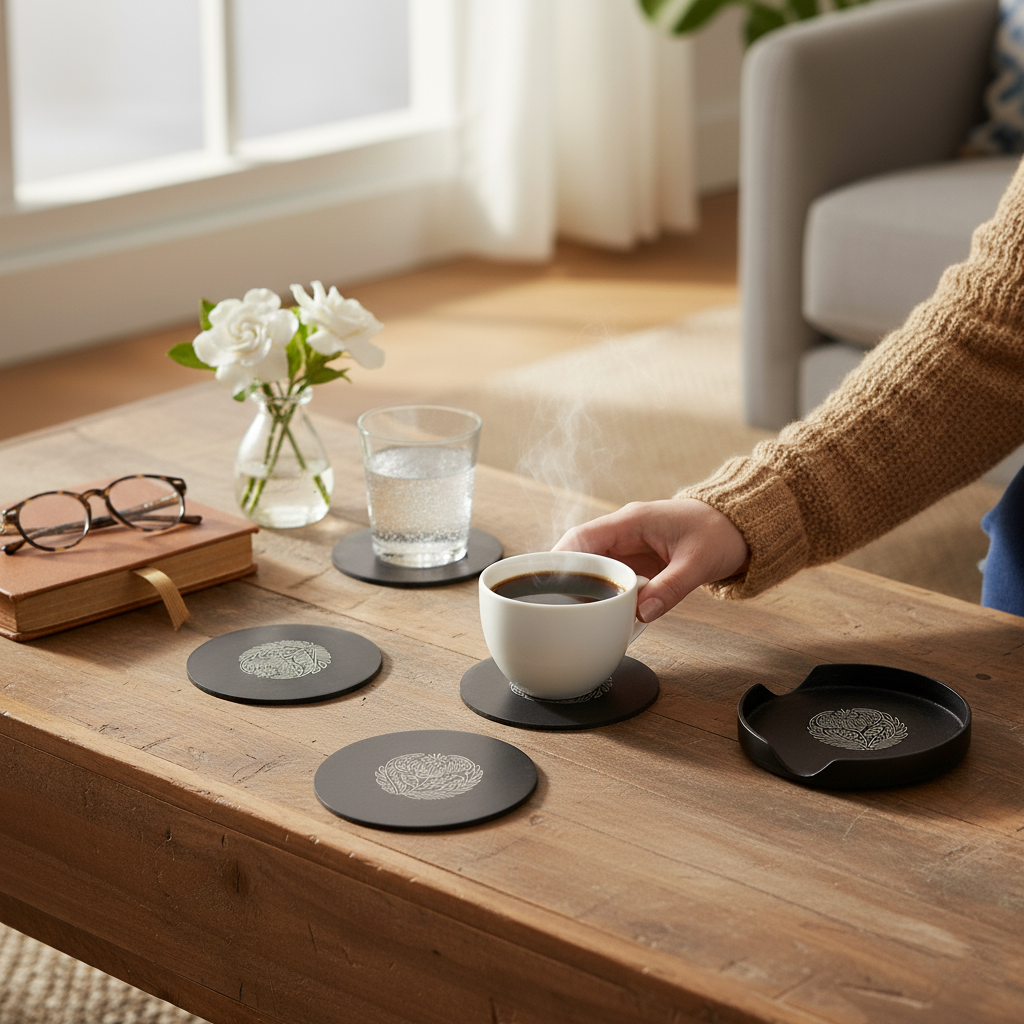 Black Tea Coasters - Bidri Art - Silver Inlay Work