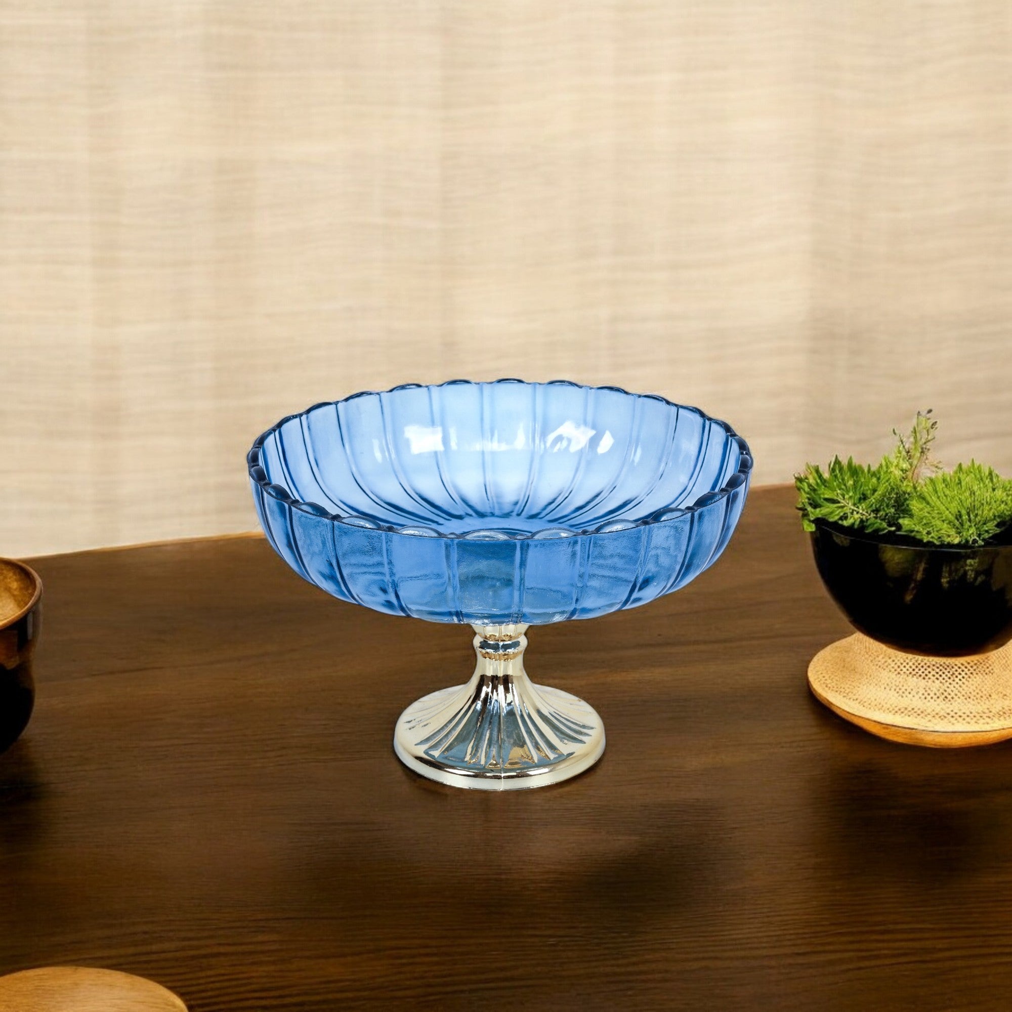 Blue Decorative Glass Fruit Bowl – Elegant Centerpiece for Dining and Home Decor