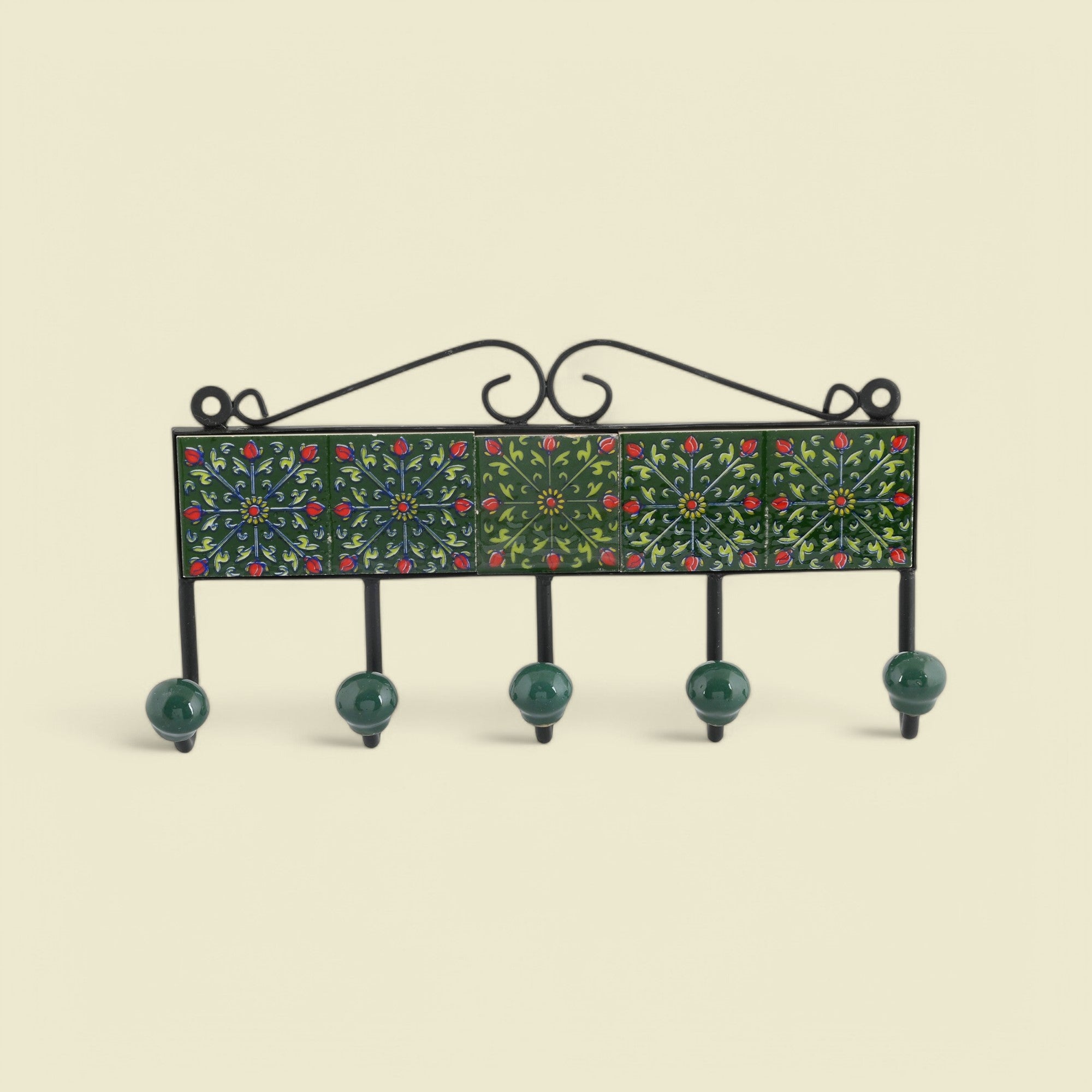 Blue Pottery Decorative Key Holder—Green—5 Hooks