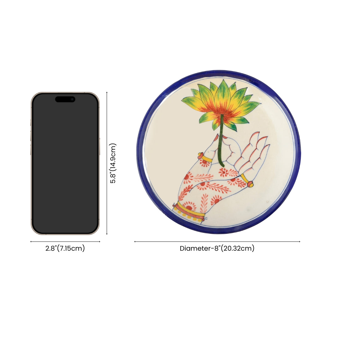 Blue Pottery Hand & Floral Pattern Decorative Plate—Ivory and Blue—8”