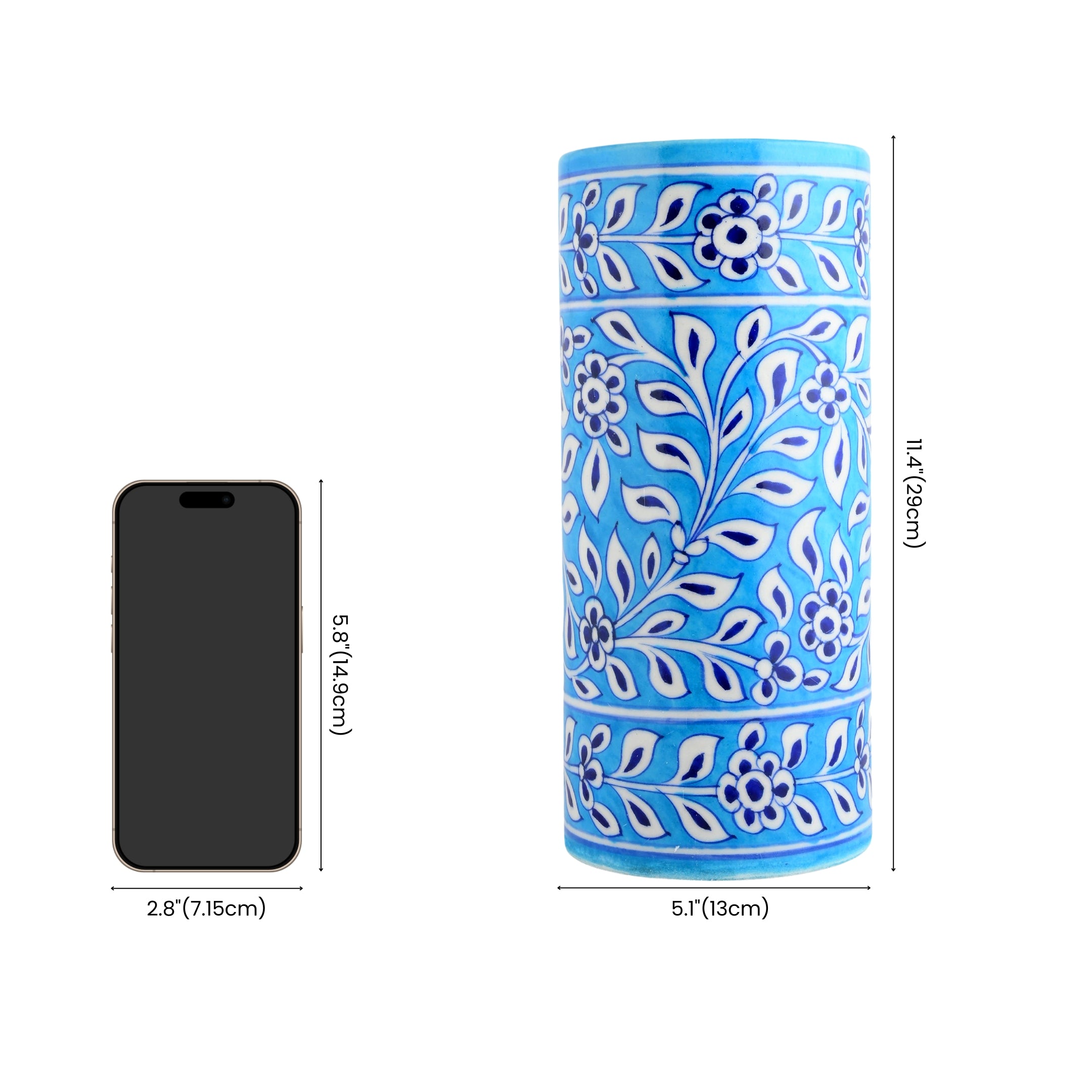 Blue Pottery Decorative Cylindrical Vase—Cyan