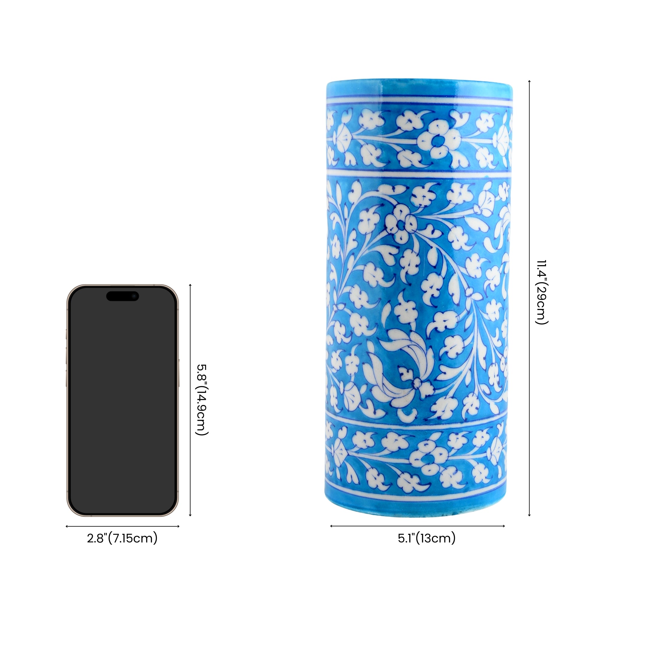 Blue Pottery Decorative Cylindrical Vase—Cyan Blue