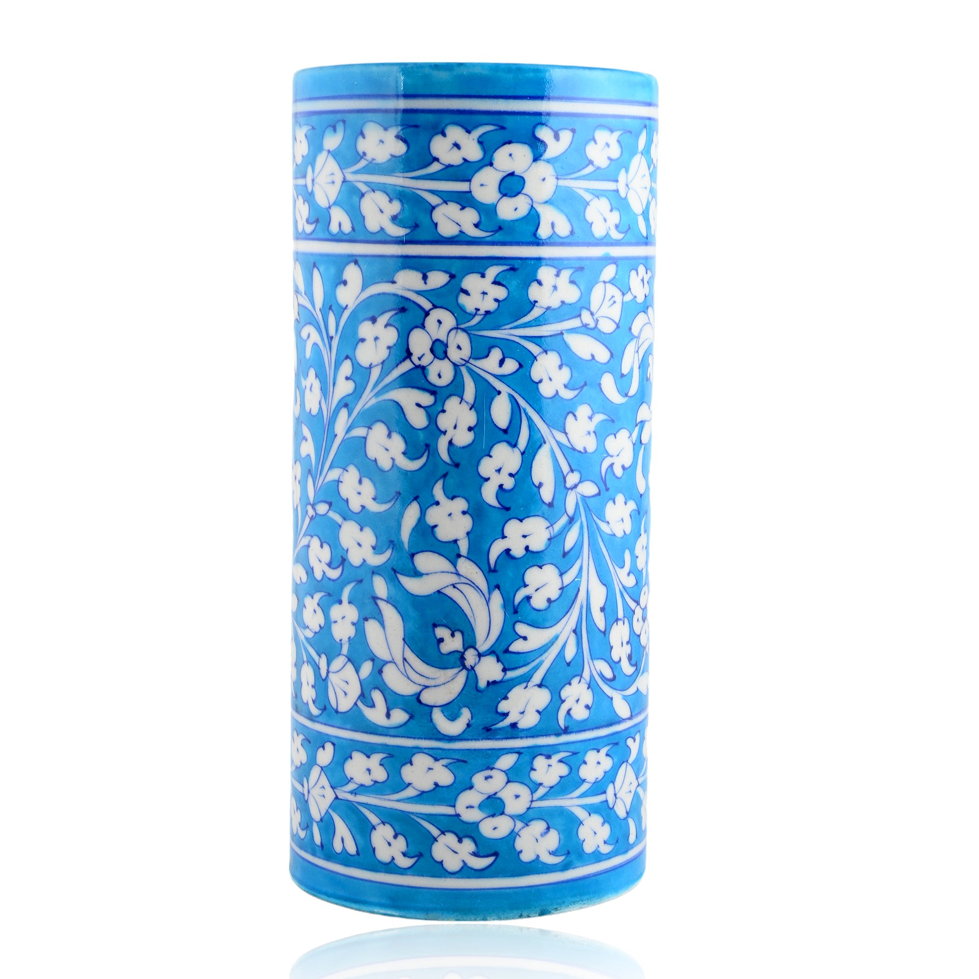 Blue Pottery Decorative Cylindrical Vase—Cyan Blue