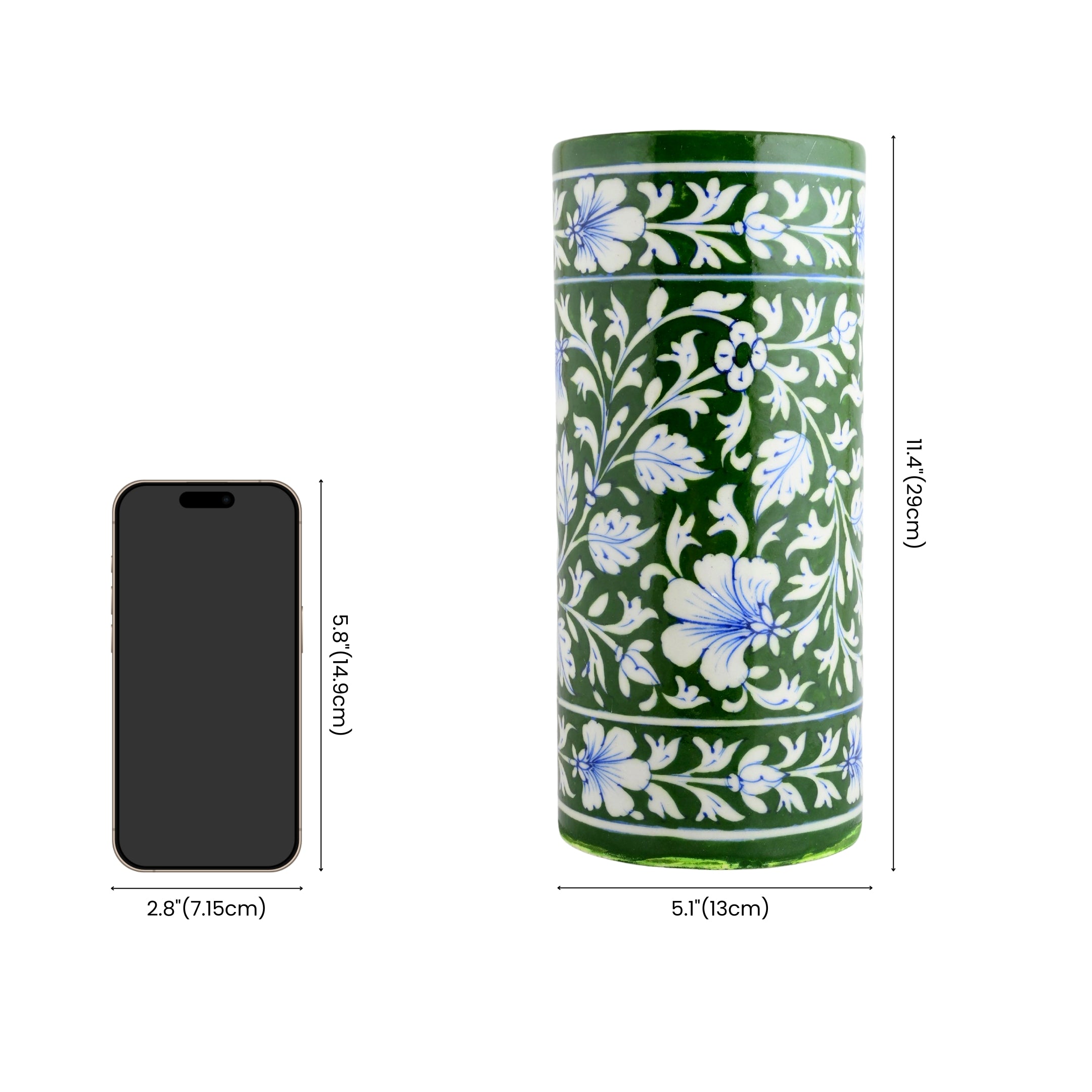 Blue Pottery Decorative Cylindrical Vase—Green