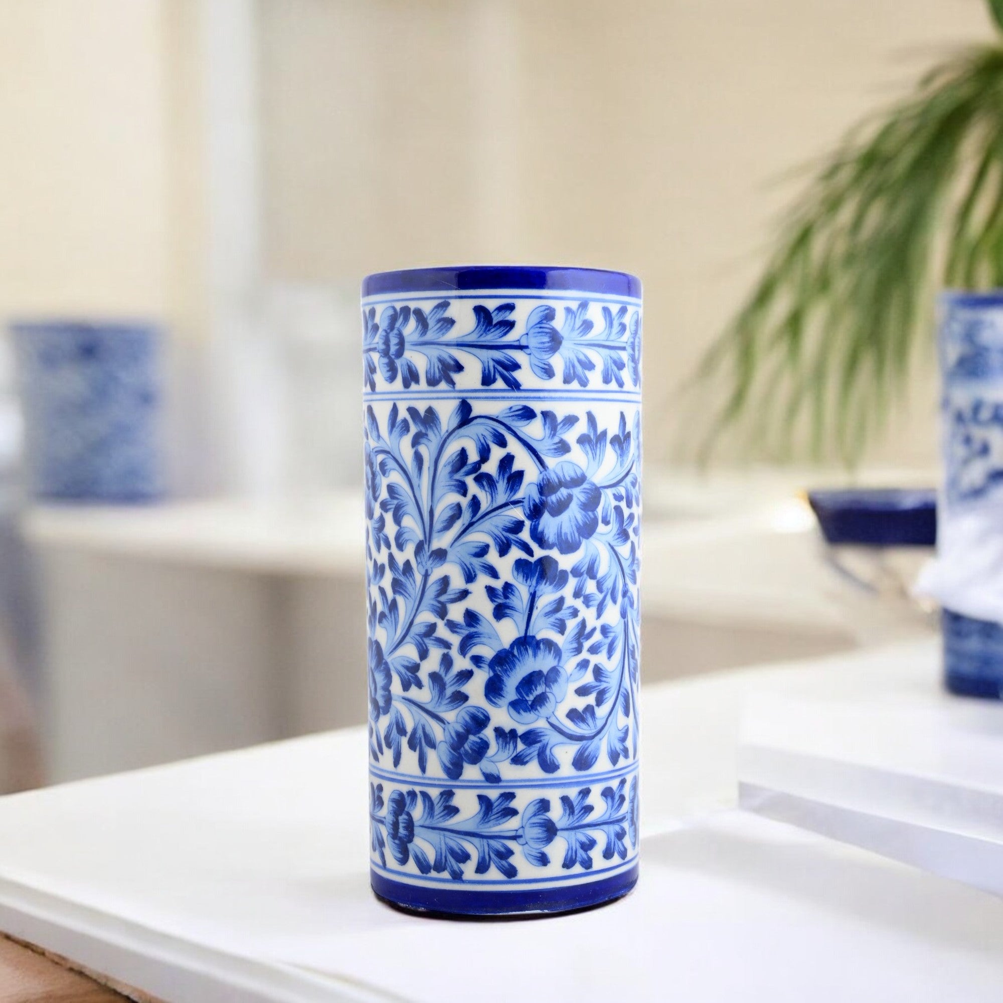 Blue Pottery Decorative Cylindrical Vase—White and Blue