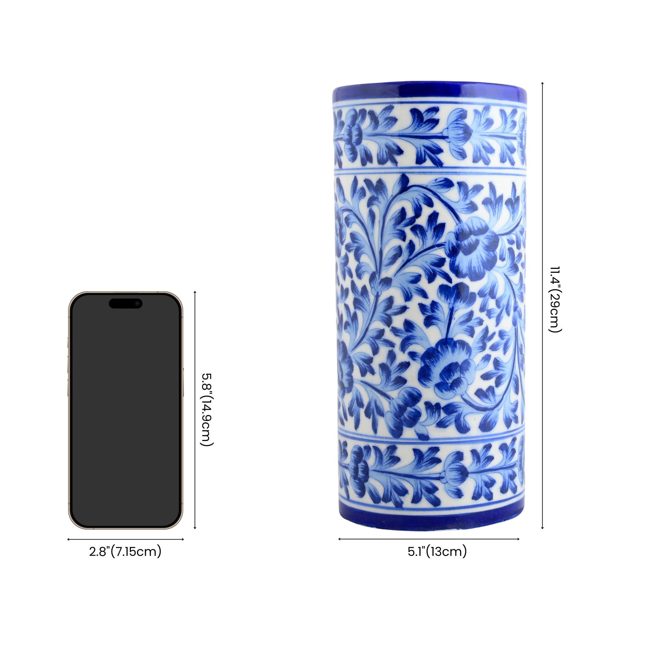 Blue Pottery Decorative Cylindrical Vase—White and Blue
