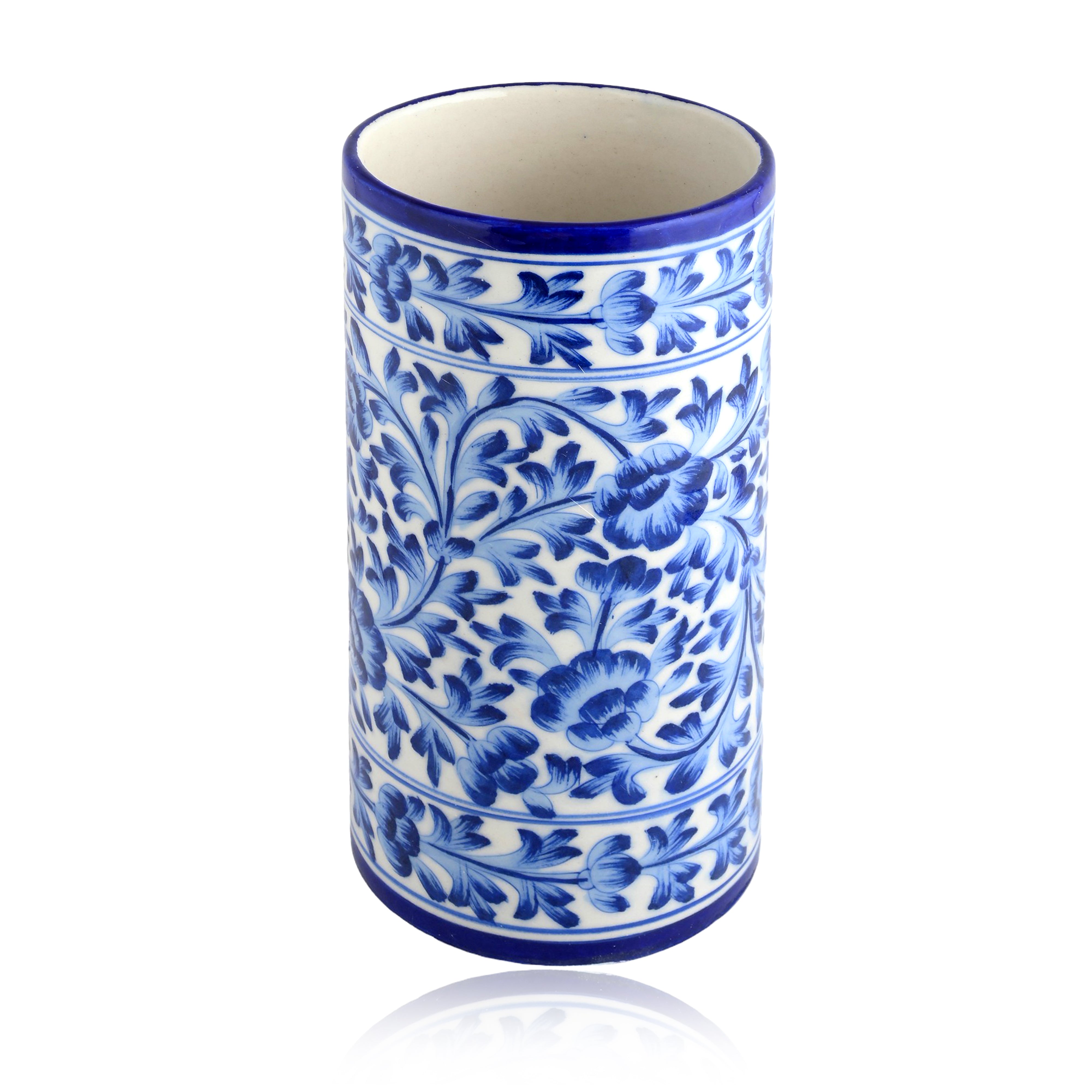 Blue Pottery Decorative Cylindrical Vase—White and Blue