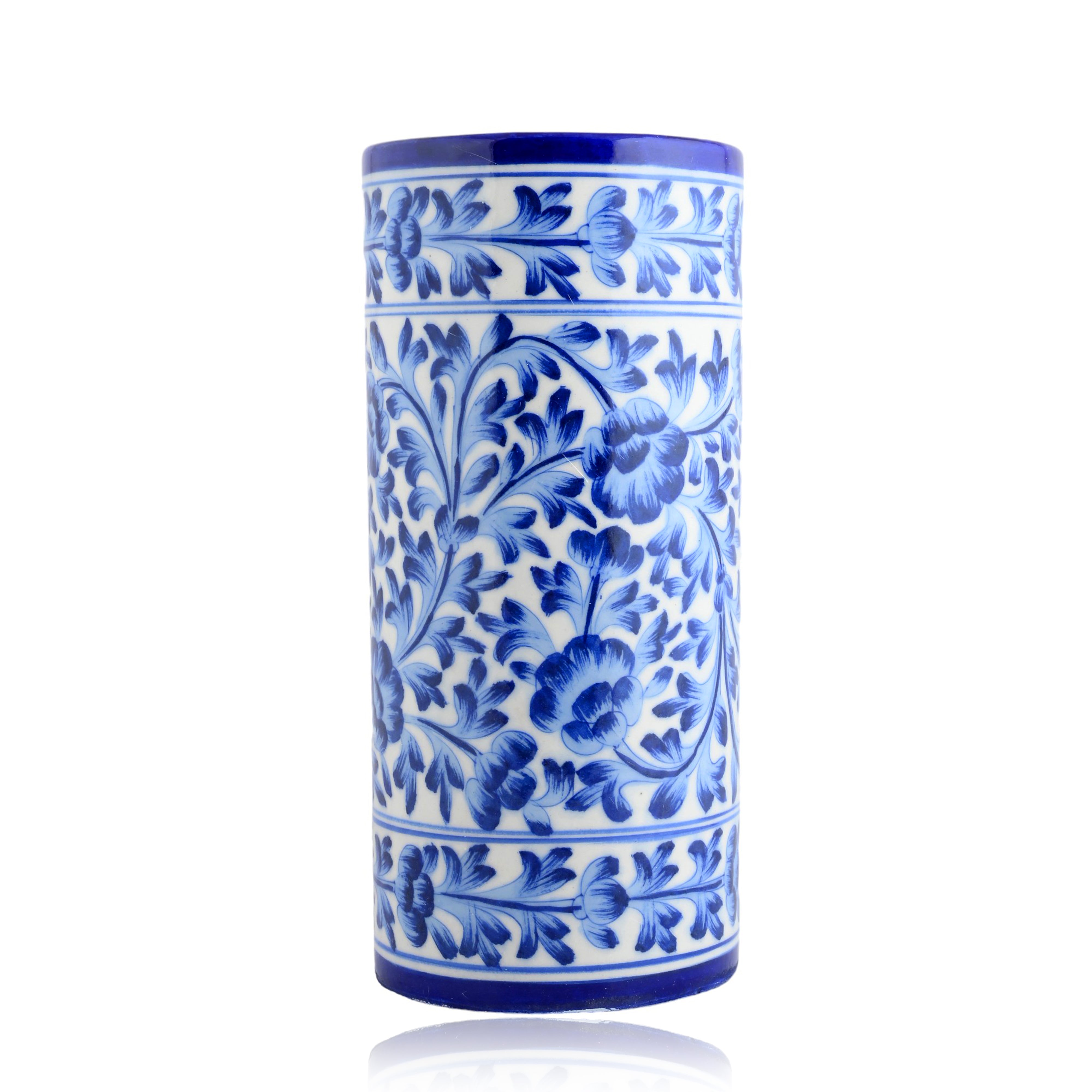 Blue Pottery Decorative Cylindrical Vase—White and Blue