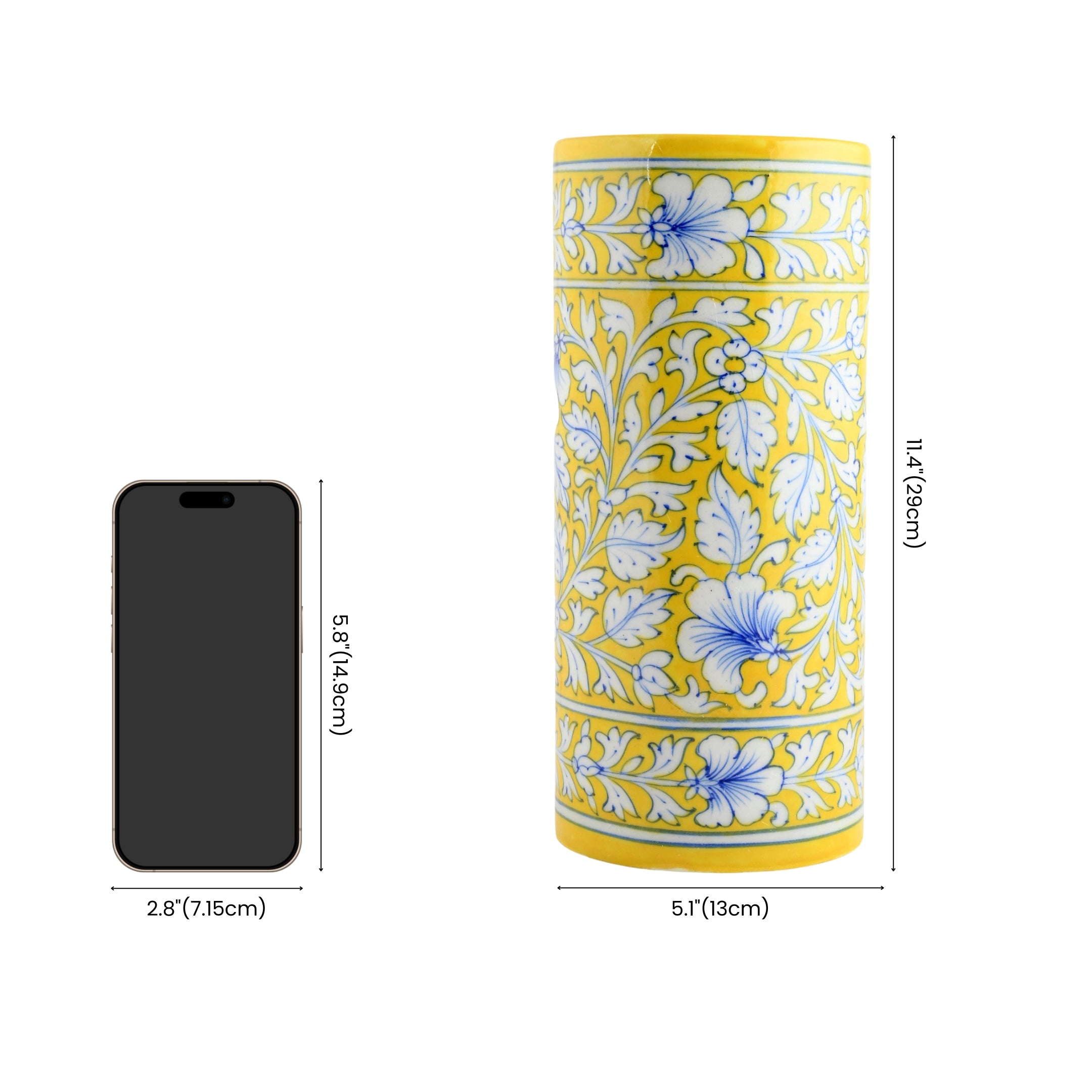Blue Pottery Decorative Cylindrical Vase—Yellow